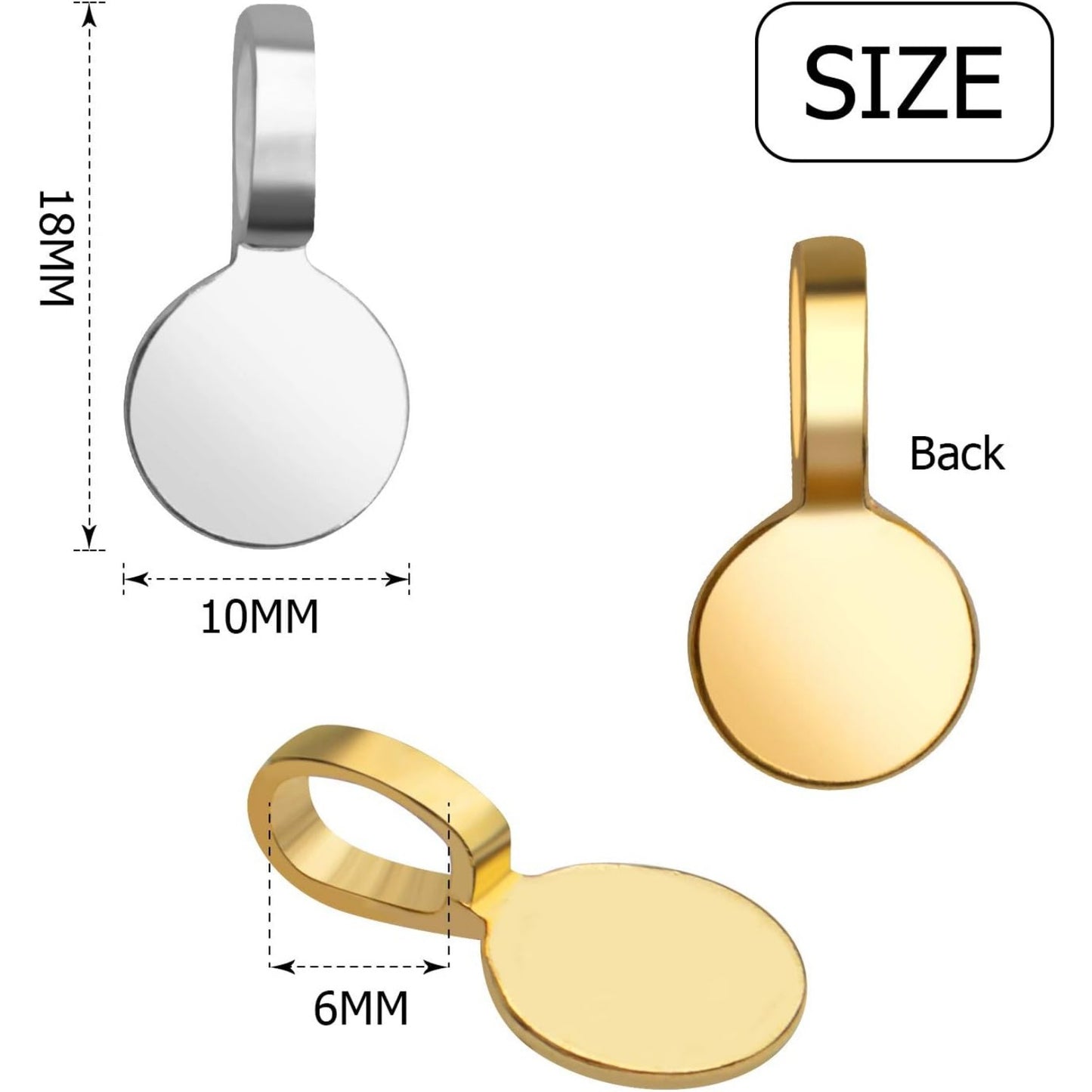 Tibetan Round Glue-on Bails Pendants, 150pcs Alloy Flat Pad Bails Pendant Cabochon Jewellery Findings Fit Necklace Bracelet Earring, 18x10mm, Golden, Silver, Bronze