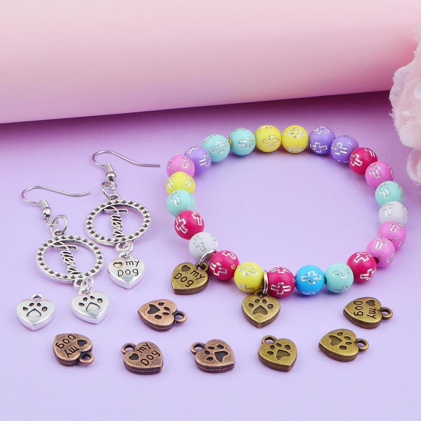 60pcs Love My Dog Lettering Word Charms Tibetan Alloy Heart Dog Paw Print Pendants Double-Sided Animal Pet Puppy Footprint Charms for DIY Necklace Bracelet Jewelry Making, 3 Colors