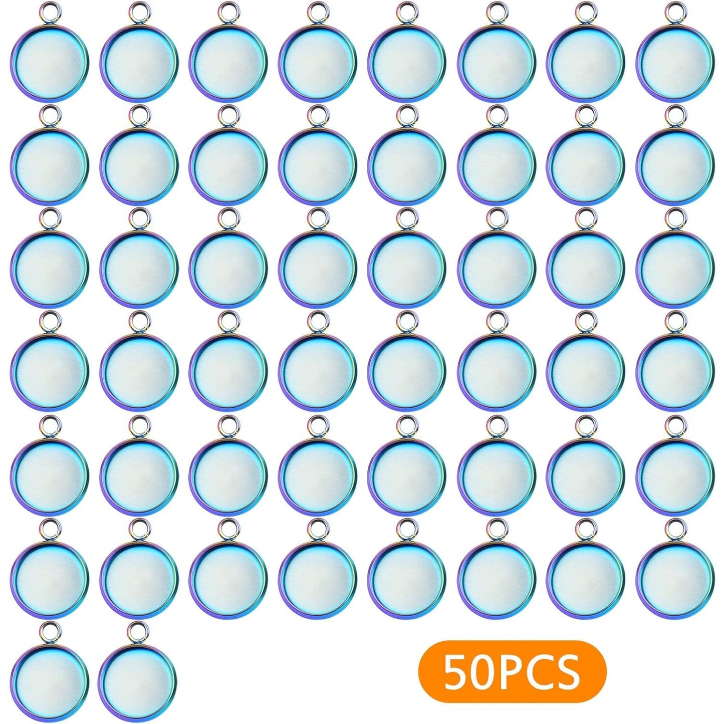 50 Pieces Stainless Steel Pendant Trays Cabochon Settings Fit 12 mm Round Blank Bezel Trays Pendant for DIY Necklace Earrings Jewelry Craft Making, Rainbow Color