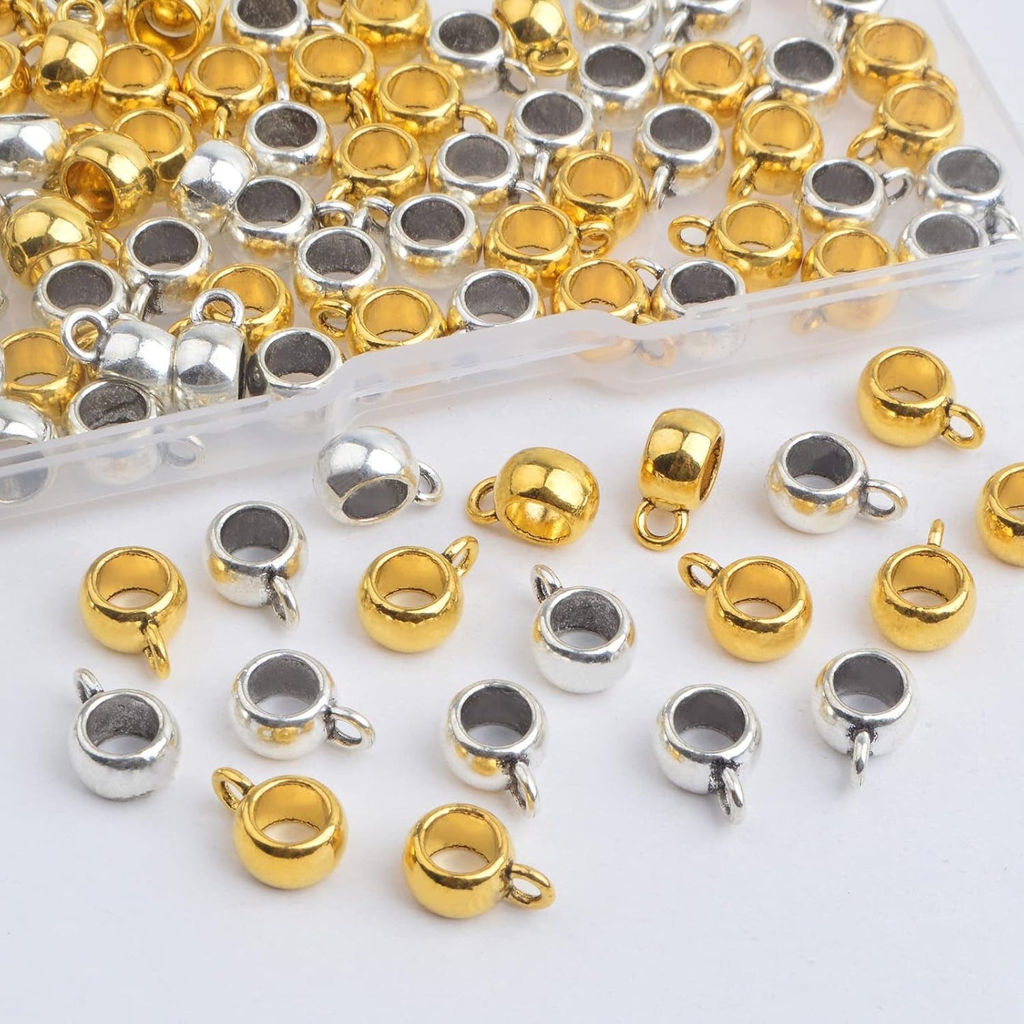 100pcs Tibetan Bail Tube Beads Alloy Column Rondelle Spacer Beads Bail Beads Hanger Dangle Connectors with a Box for European Charm Bracelet Jewelry Making Supplies, 2 Colors