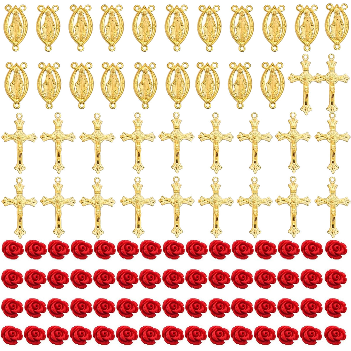 100pcs Rosary Cross and Center Charms 8mm Cinnabar Carved Red Rose Flower Beads Crucifix Cross Centerpiece Jesus Maria Medal Pendant Kit for Rosary Bracelet Necklace Jewelry Making