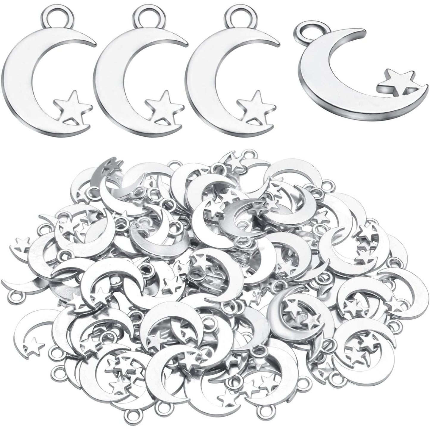 100Pcs Antique Silver Alloy Star and Crescent Moon Charms Pendants Celestial Charms Beads for DIY Earrings Necklace Bracelet Jewelry Making and Crafting