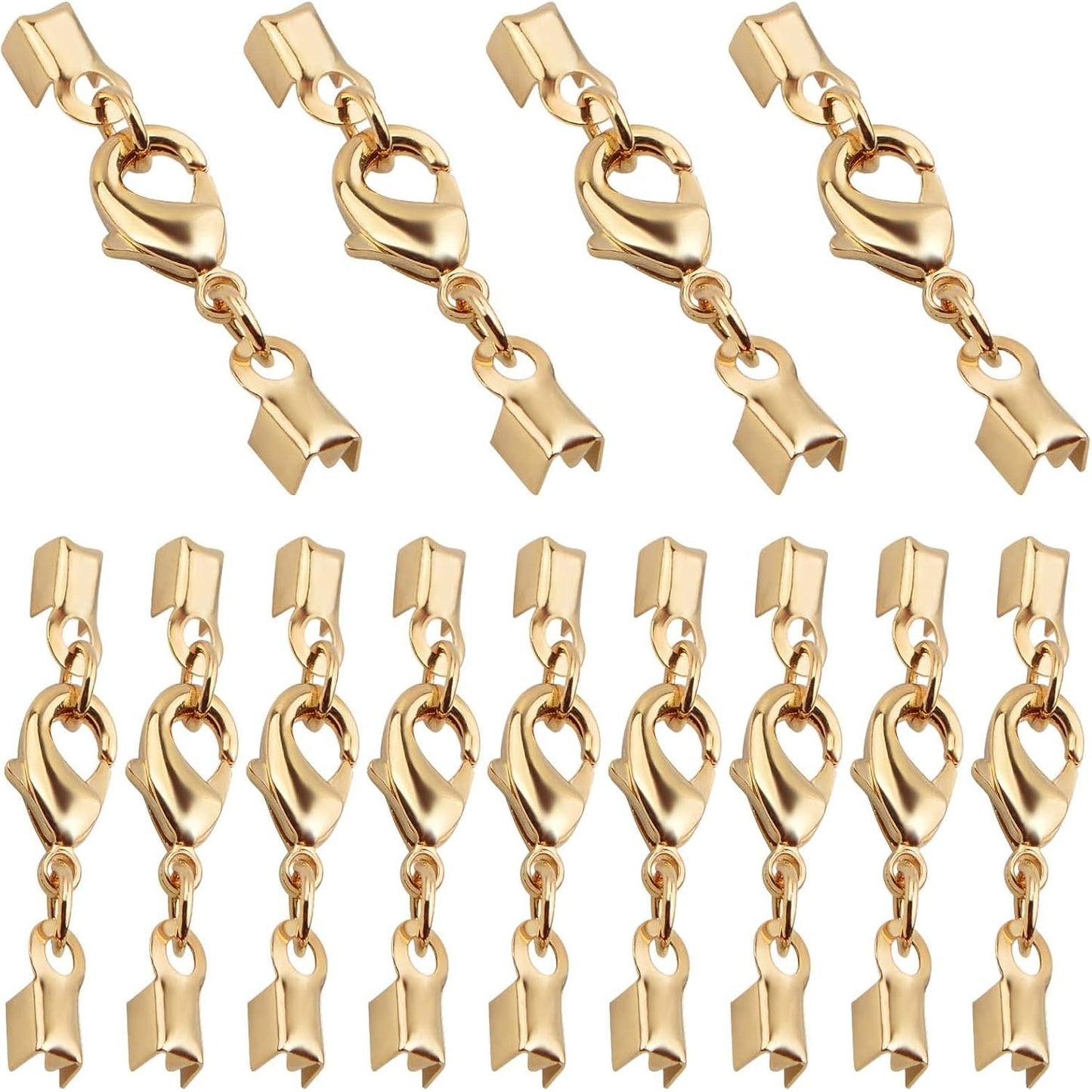 20pcs Golden Lobster Claw Clasps with Cord Ends Metal Leather Cord End Caps Fold Over Crimp End Tips Connector with a Plastic Box for DIY Necklace Bracelets Jewelry Making