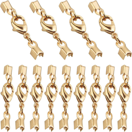 20pcs Golden Lobster Claw Clasps with Cord Ends Metal Leather Cord End Caps Fold Over Crimp End Tips Connector with a Plastic Box for DIY Necklace Bracelets Jewelry Making
