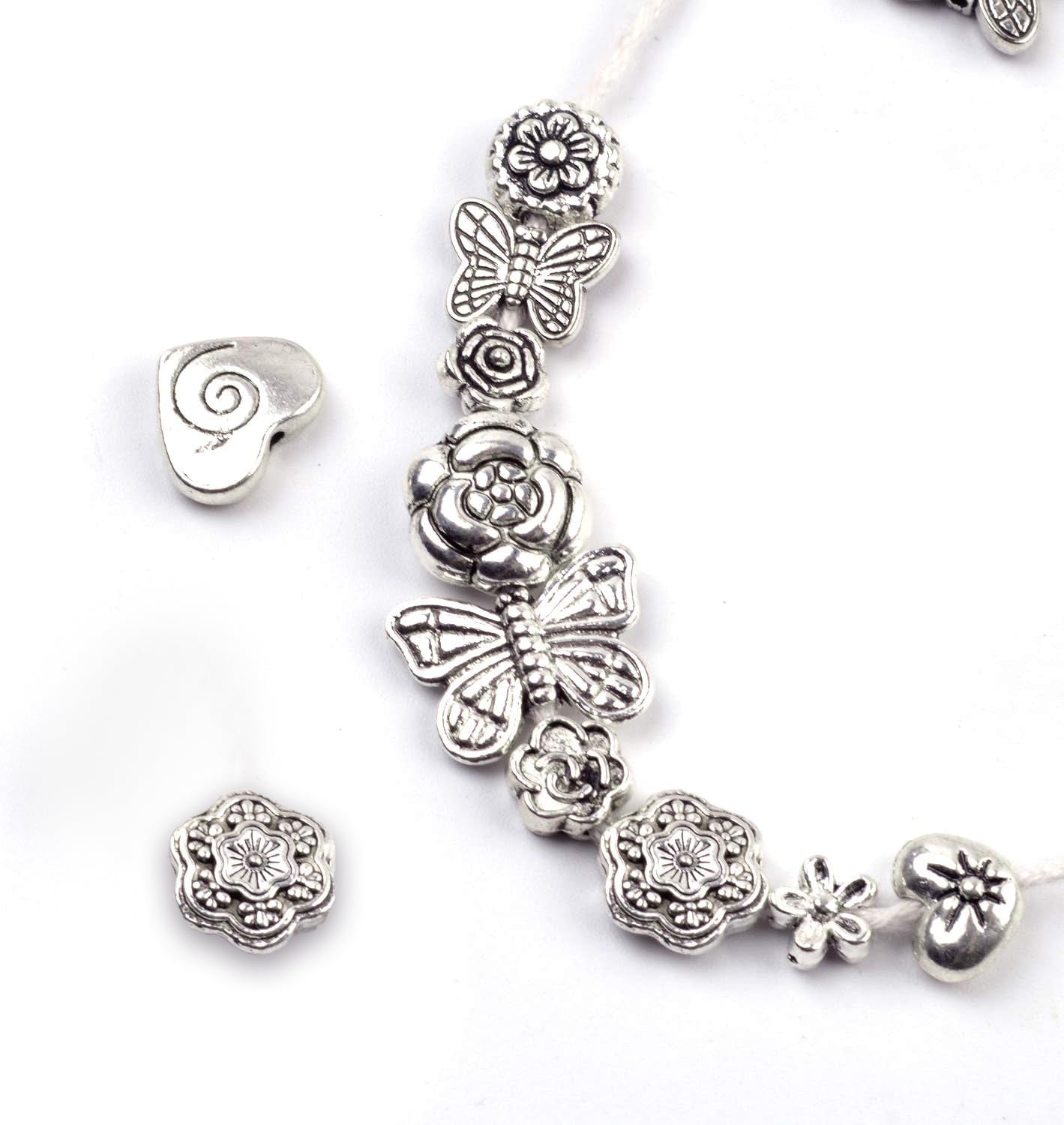 100 Gram(About 130-170pcs) Antique Tibetan Silver Alloy Butterfly Flower Beads Charm Bead Spacers Jewelry Findings Accessories for Bracelet Necklace Jewelry Making