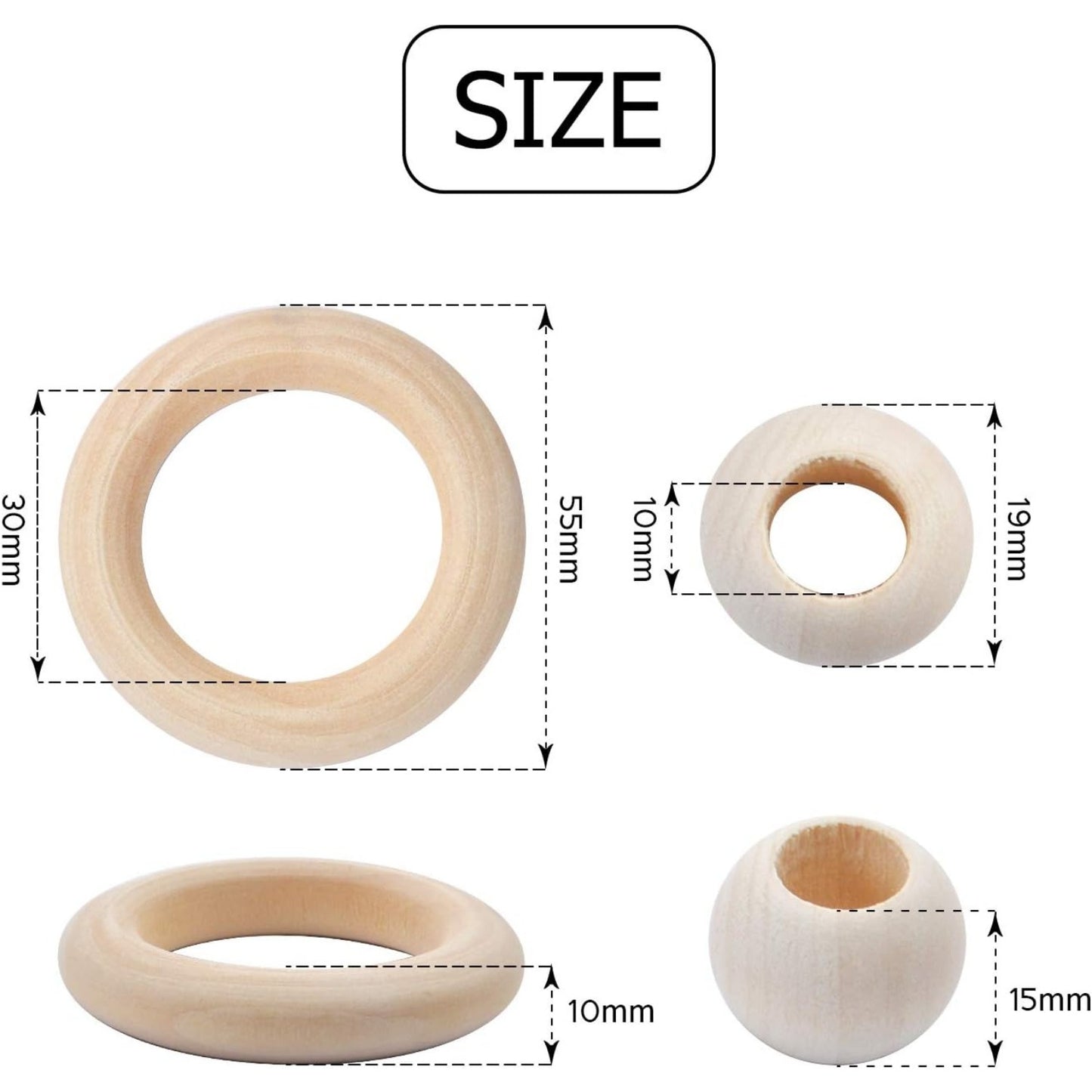 20Pcs Natural Wood Rings Wooden Hoop with 50Pcs Unfinished Wood Beads Wooden Loose Beads for DIY Pendant Connectors Jewelry Making Macrame Wall Hanging Craft
