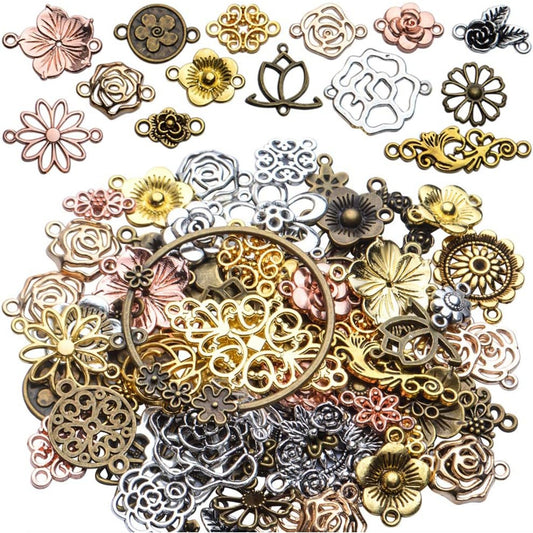Jewelry Connectors, 100 Gram Tibetan Style Mixed Flower Shape Pendants Metal Beads Link Charms for DIY Earring Necklace Jewelry Making