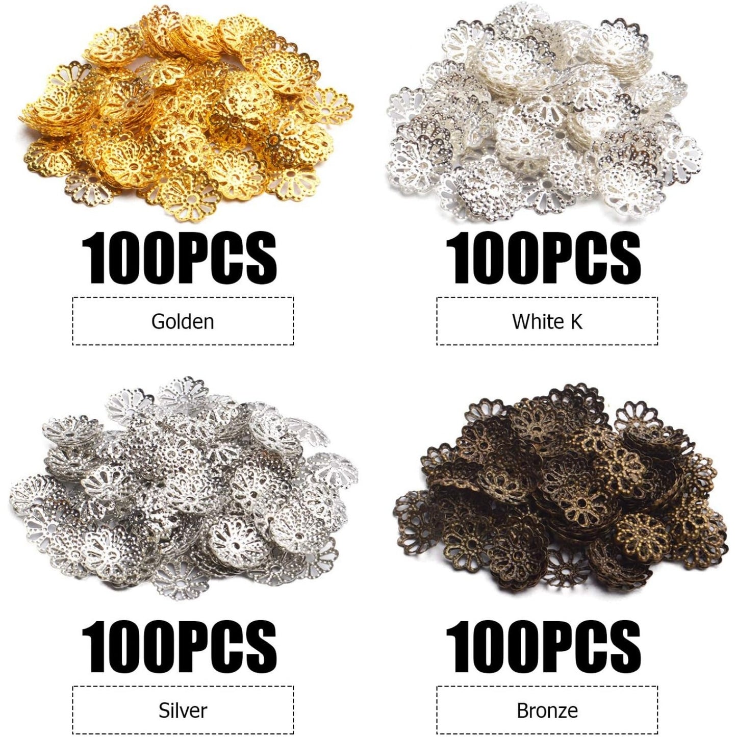 Flower Bead Caps,400pcs Tibetan Style Flower Shape Bead Caps Alloy Beads Caps Spacers for Bracelet Necklace Jewelry Making, White Golden, Golden, Silver, Antique Bronze, 9mm