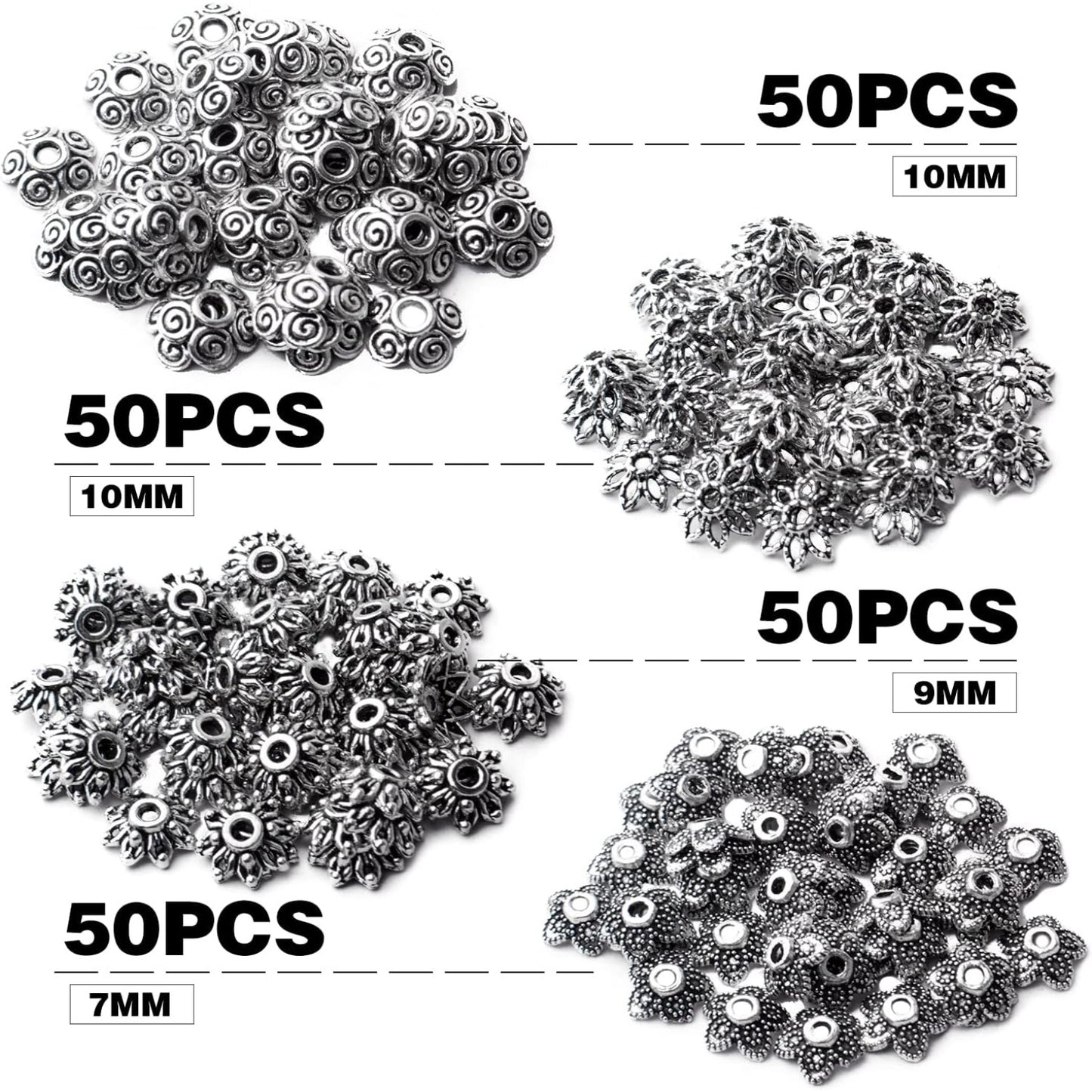 200pcs Spacer Beads Caps,Antique Silver Flower Bead Caps Tibetan Alloy Flower Caps Bead End Caps Loose Beads for DIY Earrings Bracelet Necklace Jewelry Making and Crafting,4 Styles