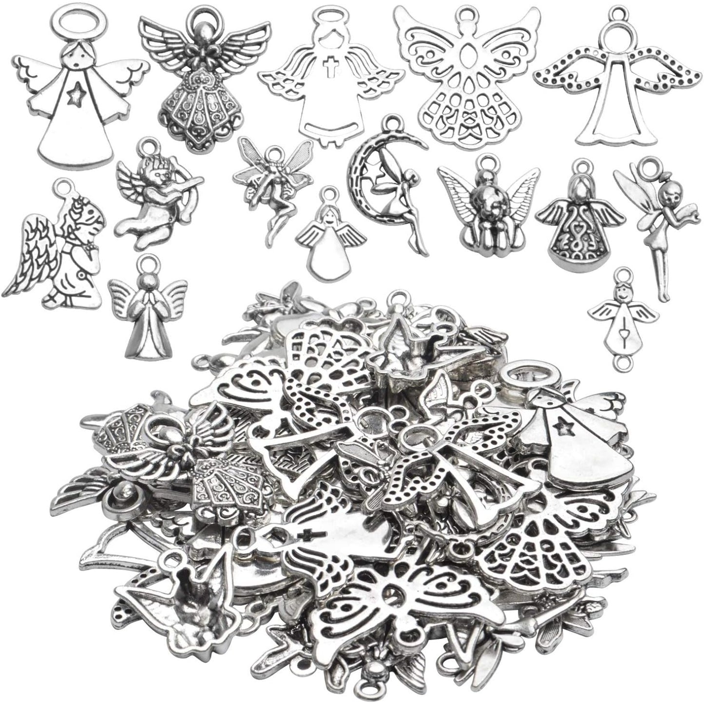 Angel Pendant Charms,56pcs Antique Silver Angel Charms Alloy Tibetan Crafts Supplies for DIY Jewellery Necklace Earring Making,Mixed Styles