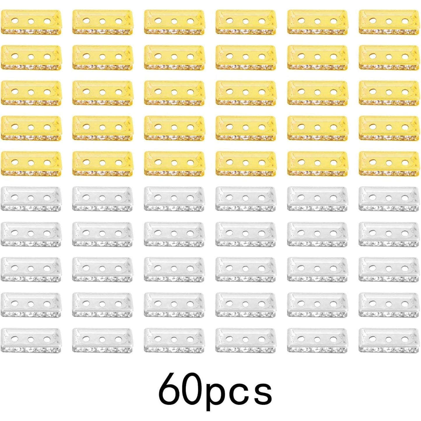 60pcs Brass Rhinestone Spacer Bar Beads Square 3 Holes Crystal Spacer Bar Link Connectors Craft Accessories for DIY Multi Strands Bracelet Jewelry Making, 2 Colors