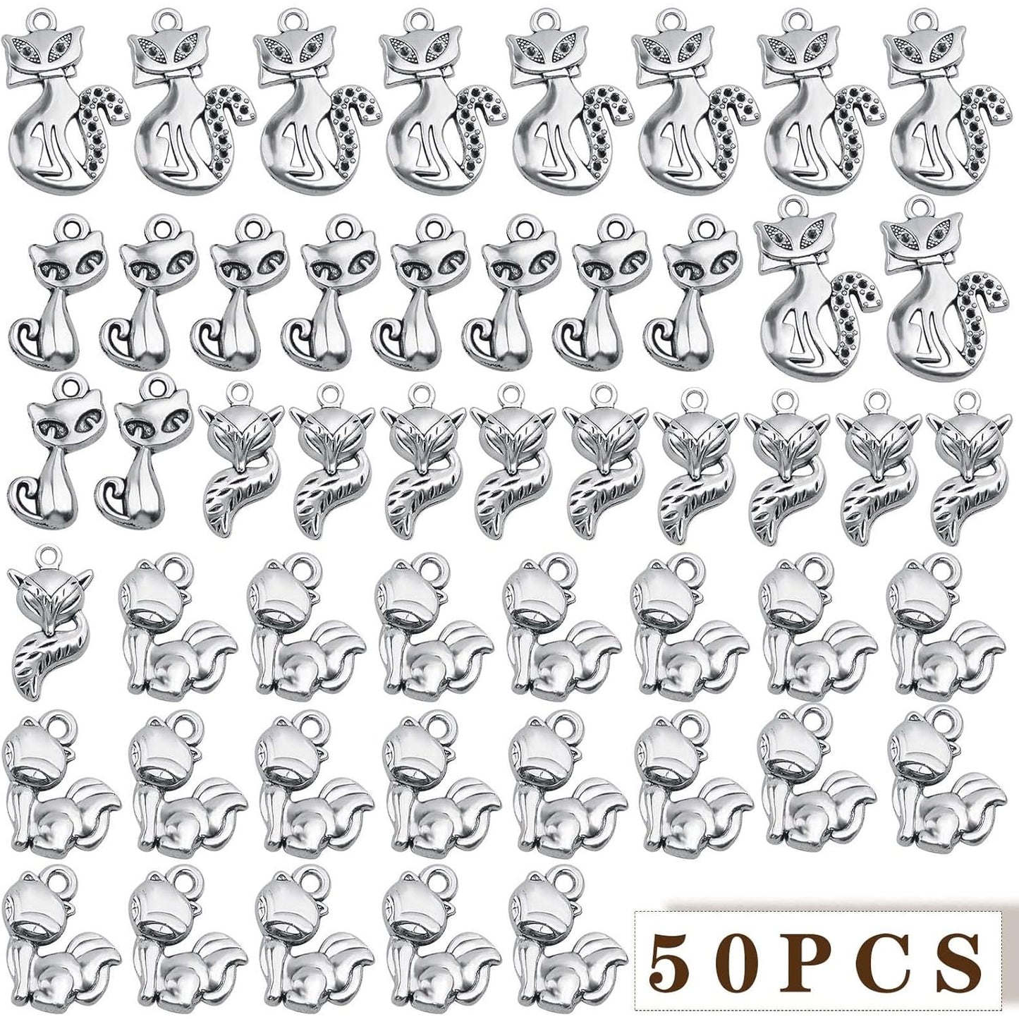 50pcs Antique Silver Fox Kitty Pendant Charms Tibetan Alloy Cute Cat Pendant Vintage Animal Dangle Charms Bulk for DIY Necklace Bracelet Keychain Jewelry Making, 5 Styles…