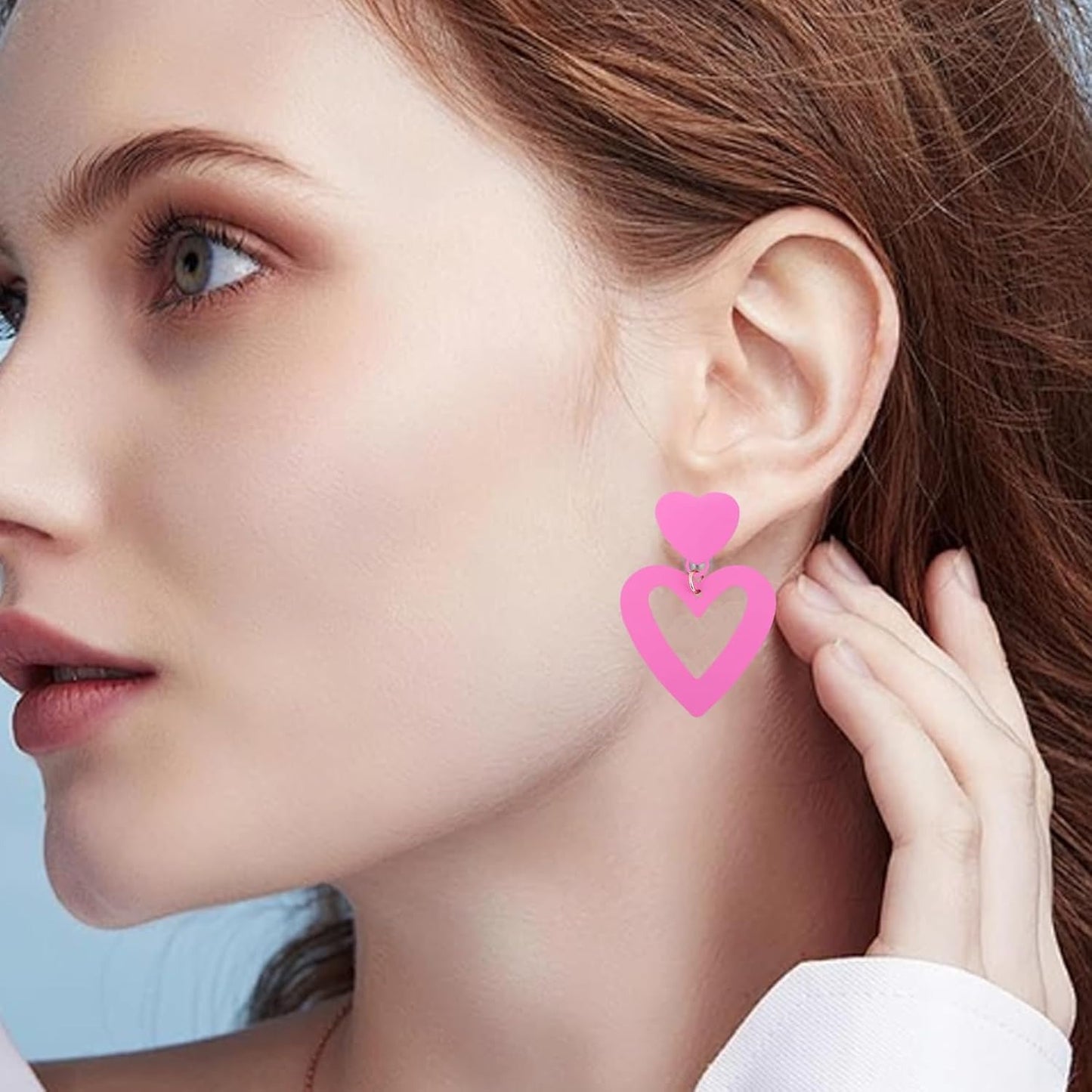 2pcs Clip on Pink Heart Earrings for Women, Double Love Heart Non-Pierced Drop Dangle Earring Clips Jewelry Mother's Day Gifts for Birthday Christmas Wedding Party Prom