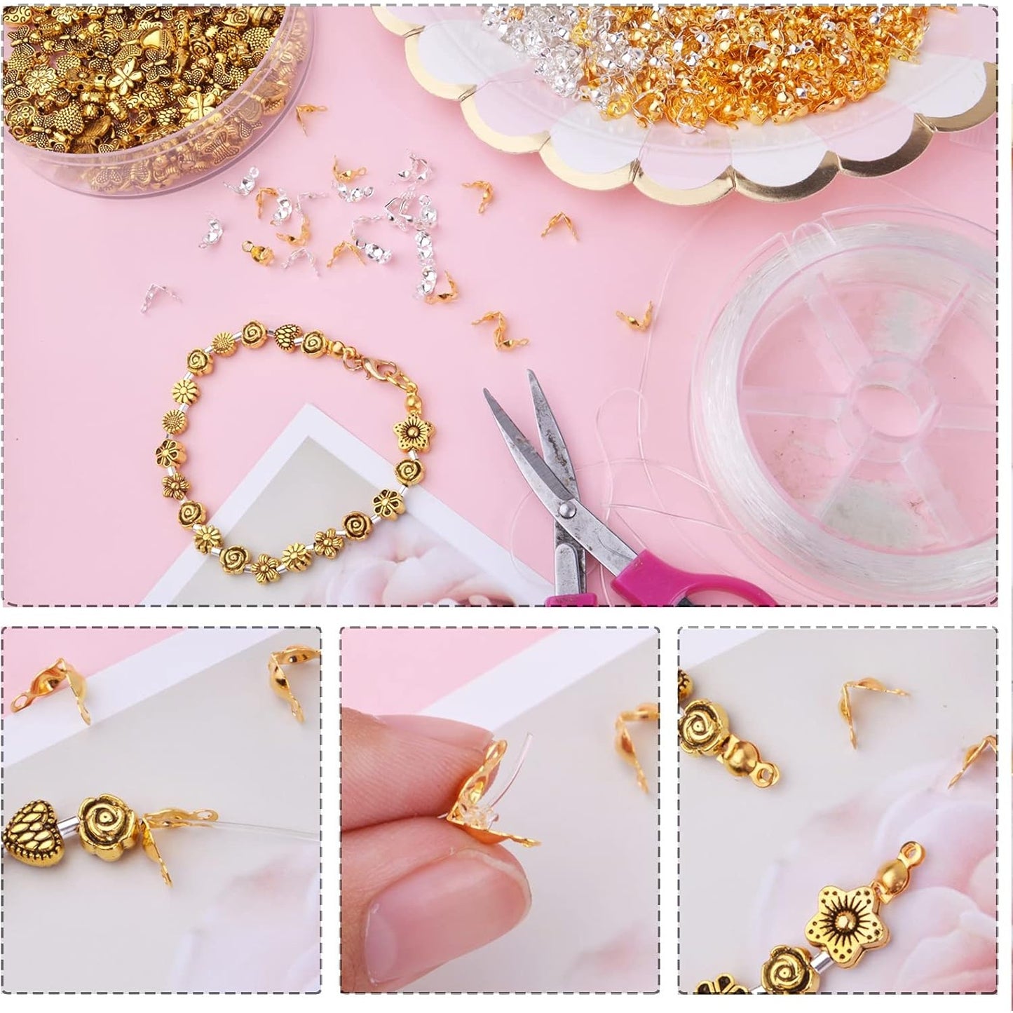 1000pcs Metal Bead Tips Knot Covers Clamshell Fold-Over Bead Tips Knot Covers Open Beads Tips Cord Ends for Jewelry Making DIY Findings Crafts