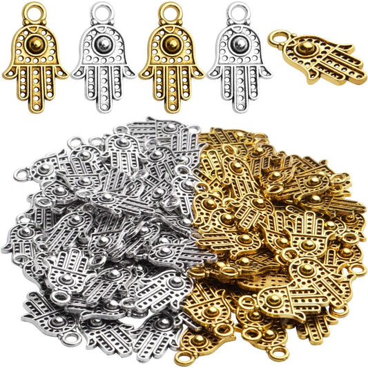 Hamsa Charms, 100pcs Antique Golden/Silver Hand Of Fatima Hamsa Hand Evil Eye Pendants Filigree Charms Jewelry Making Findings for DIY Necklace Bracelet Earrings Crafts, 12x19mm
