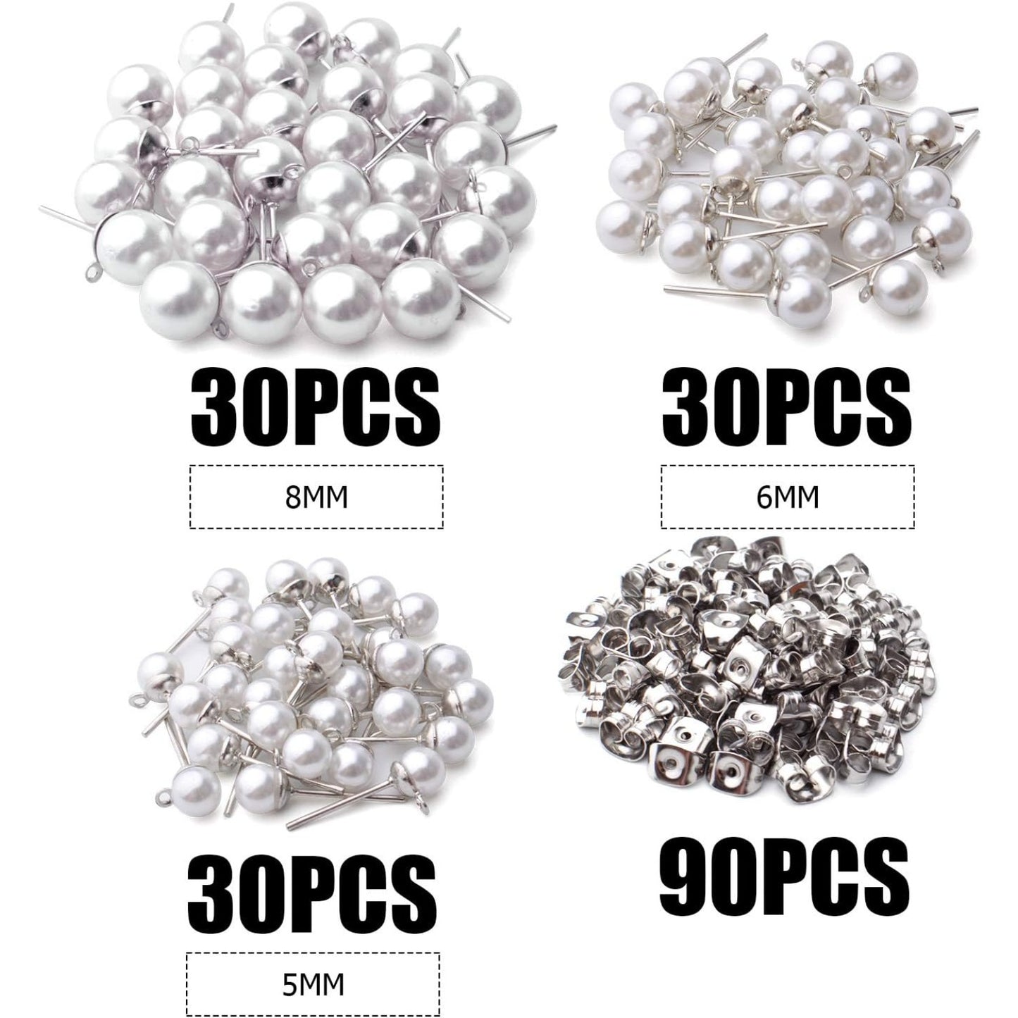 90pcs Faux Pearl Hypoallergenic Earring Posts Stud Earrings with Loop Metal Post Earring Studs and 90pcs Silver Butterfly Earring Backs for DIY Earring Jewelry Making