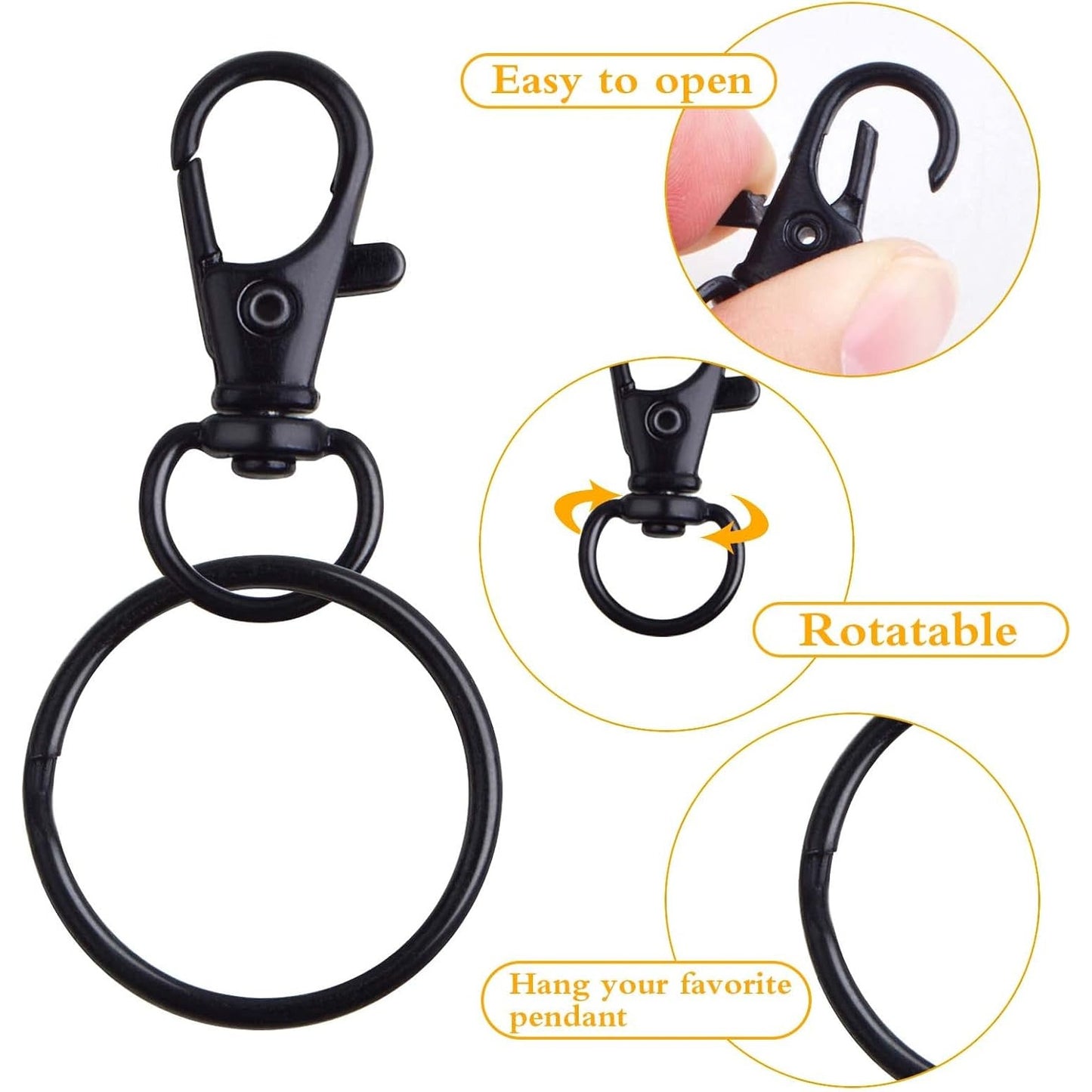 30pcs Swivel Trigger Snap Hooks Metal Keychain Clip Hooks Lobster Claw Clasps with 30pcs Key Rings for Keychains Lanyard Purse Handbag Craft Projects Decor, Black