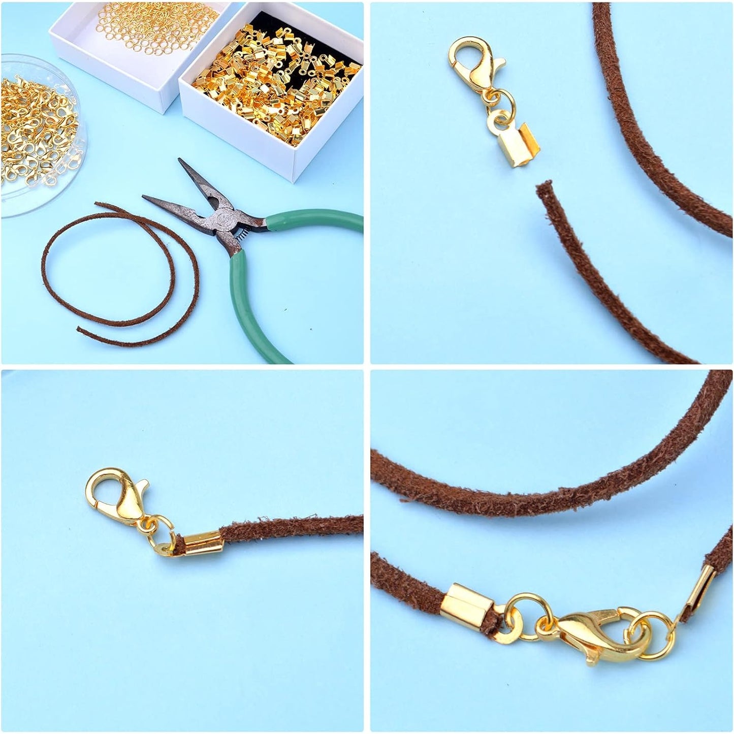 500pcs Silver Jewelry Making Accessories Kit, 200pcs Fold Over Cord End Caps Crimp End Tips, 200pcs Open Jump Rings and 100pcs Lobster Claw Clasps for Leather Ribbon Jewelry Making Findings