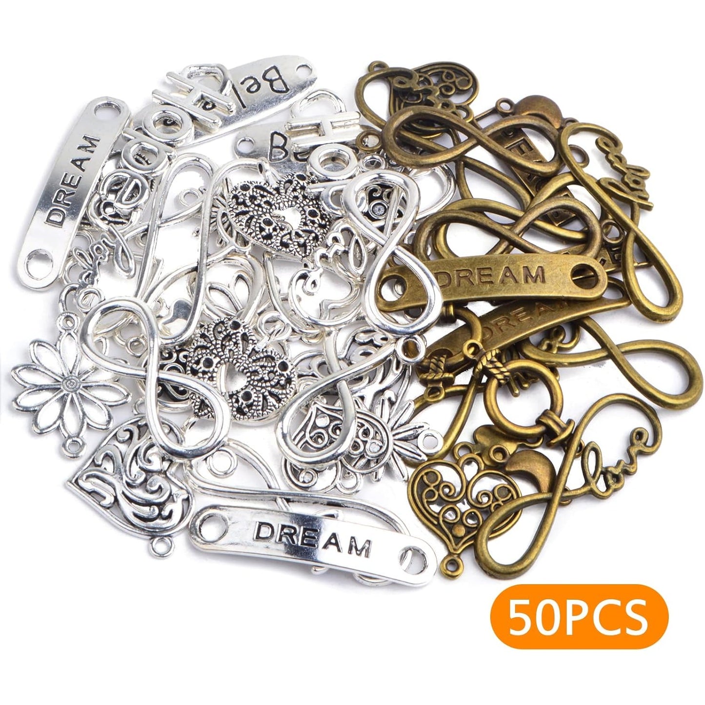 50 Pieces Mixed Word Letter Charms Connectors Tibetan Alloy Infinity Symbol Love Heart Pendant Links for DIY Necklace Bracelet Jewelry Making Findings, 2 Colors