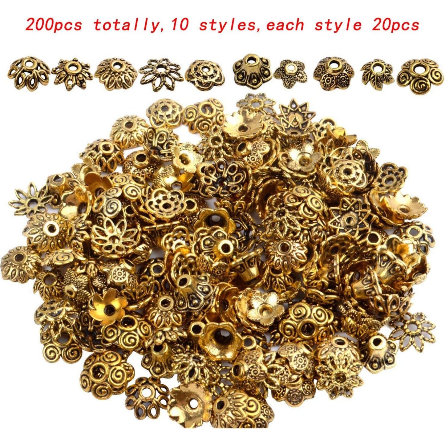 200pcs Antique Gold Bead Caps Spacer Beads Flower Bead Caps Bali Style for Necklace Bracelet,10 Styles