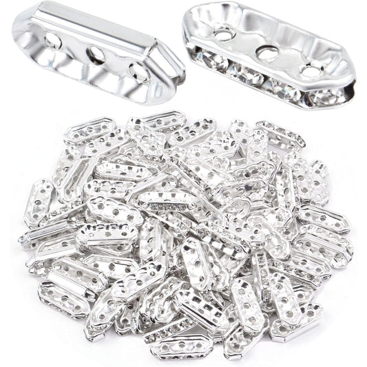 100pcs Silver Rhinestone Spacer Bars 3 Holes Crystal Spacer Beads Connector Loose Beads for DIY Multi Strand Bracelet Jewelry Making, 17.5x7mm