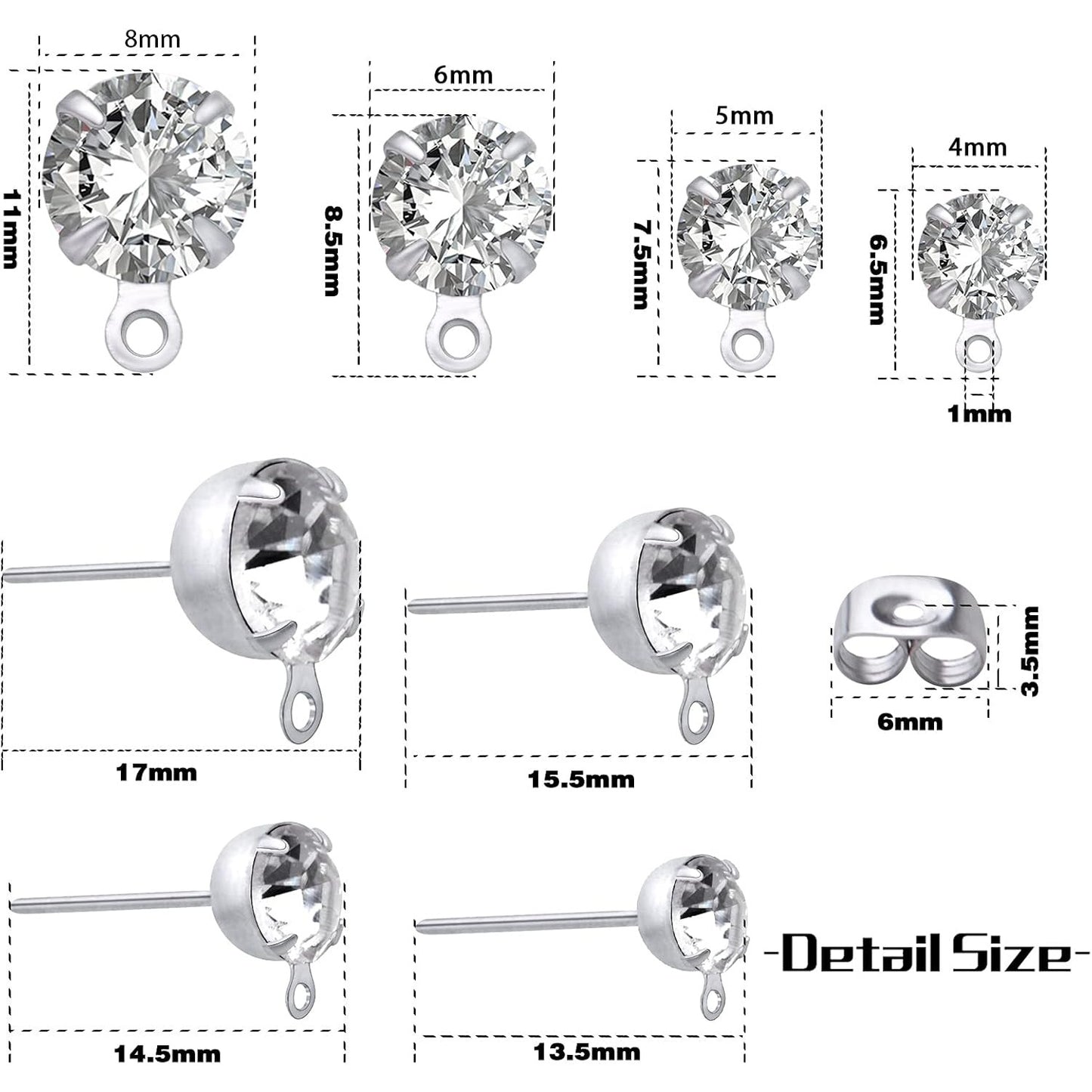 80pcs 4mm/5mm/6mm/8mm Rhinestone Earrings Posts with Loop Hypoallergenic Metal Earrings Studs and 80pcs Butterfly Earring Backs for DIY Dangle Earrings Design Jewelry Making, Silver