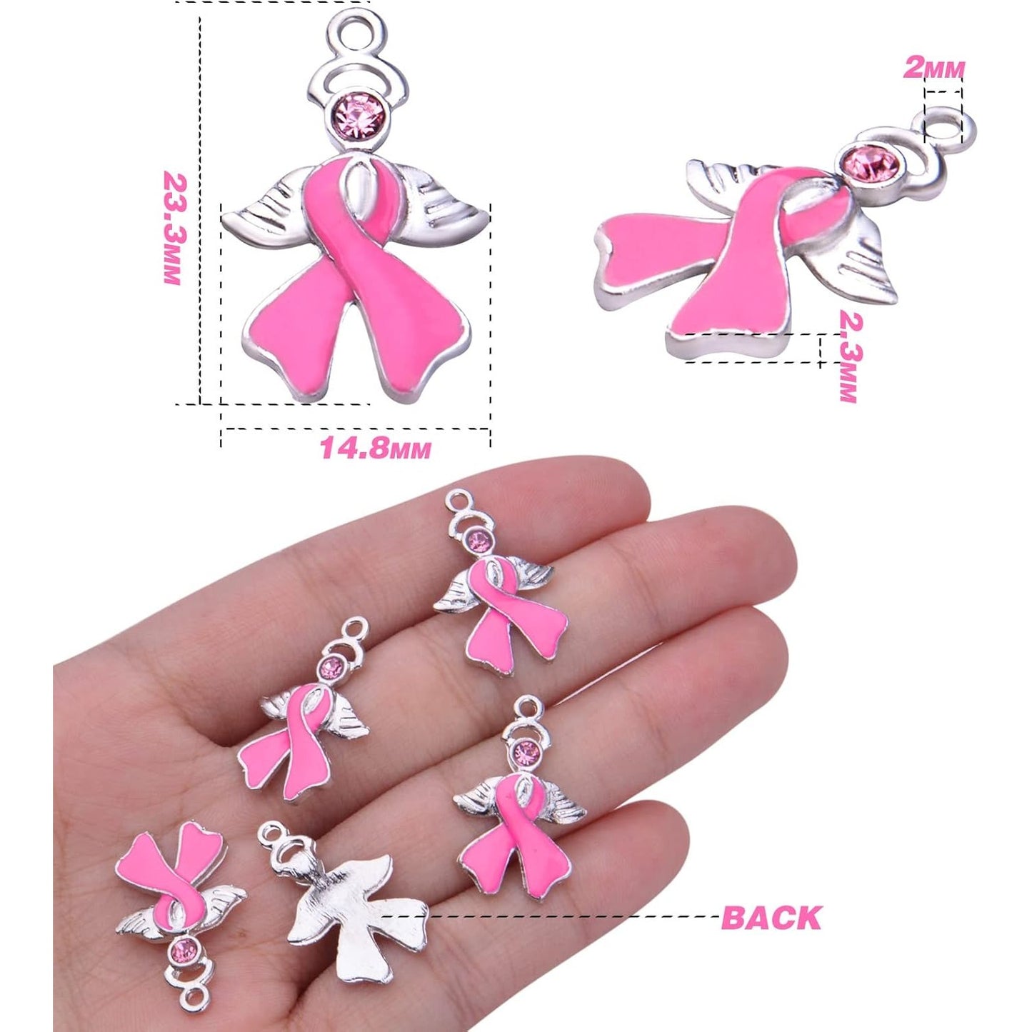 10pcs Pink Ribbon Pendants Breast Cancer Awareness Charms with Angel Wing Enamel Rhinestone Ribbon Charms Jewelry Making Accessories for DIY Crafts Necklace Bracelet Earrings