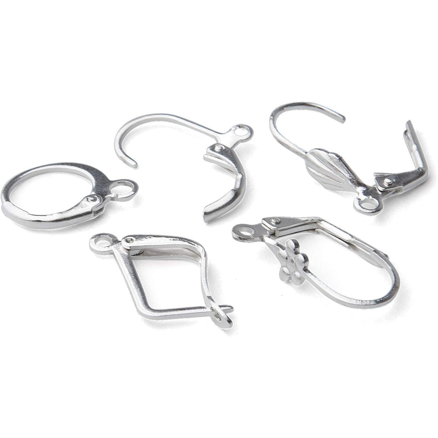 50pcs Silver Hypoallergenic French Earring Hooks Brass Lever Back Earring French Hook Ear Wire with Open Loop for Earring Designs Jewelry Making Supplies, 5 Styles