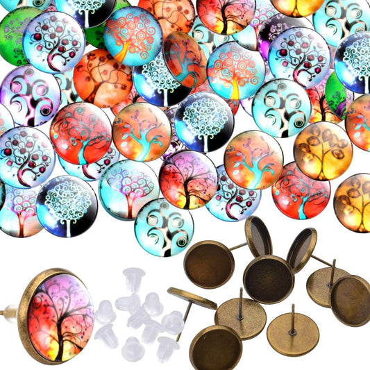Glass Dome Cabochons, 50pcs 14 Styles Tree of Life Pattern Flatback Resin Cabochons (12mm) with 10pcs Bronze Stud Earring Bezel and 10pcs Clear Earring Backs for Jewelry Making