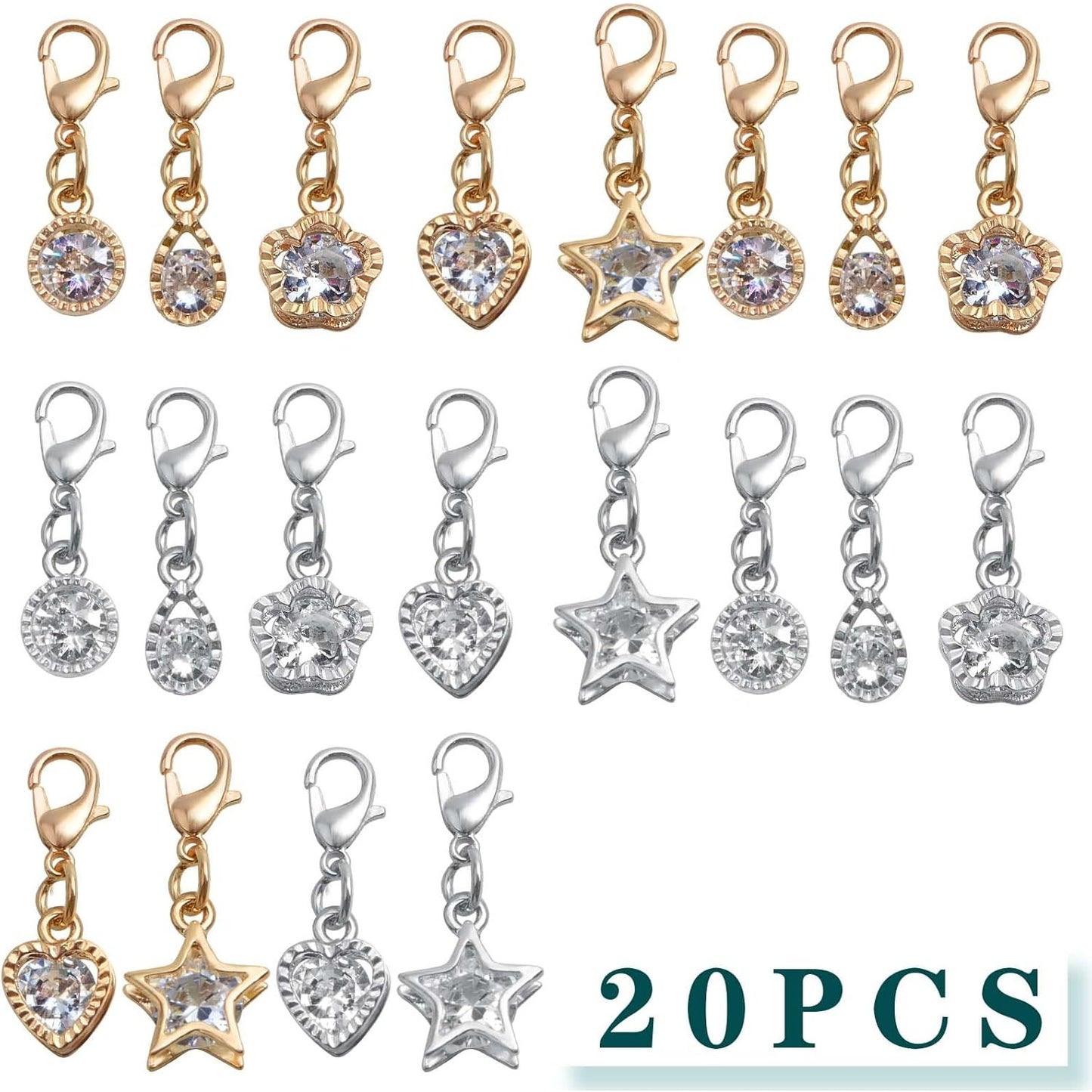 20pcs 2 Colors Cubic Zirconia Charms Metal Round Heart Star Plum Bossom Drop Shaped Pendants with Lobster Clasps for DIY Necklace Earrings Jewelry Making Supplies, 5 Styles
