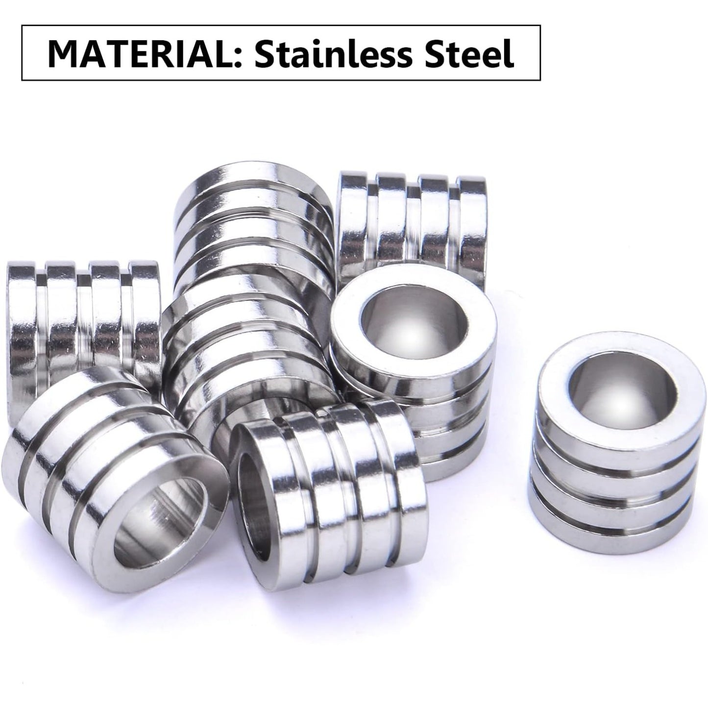 20pcs Stainless Steel Spacer Beads Grooved Column Beads Tube Spacers with 6.4mm Large Hole for DIY European Bracelet Necklace Jewelry Making Accessories