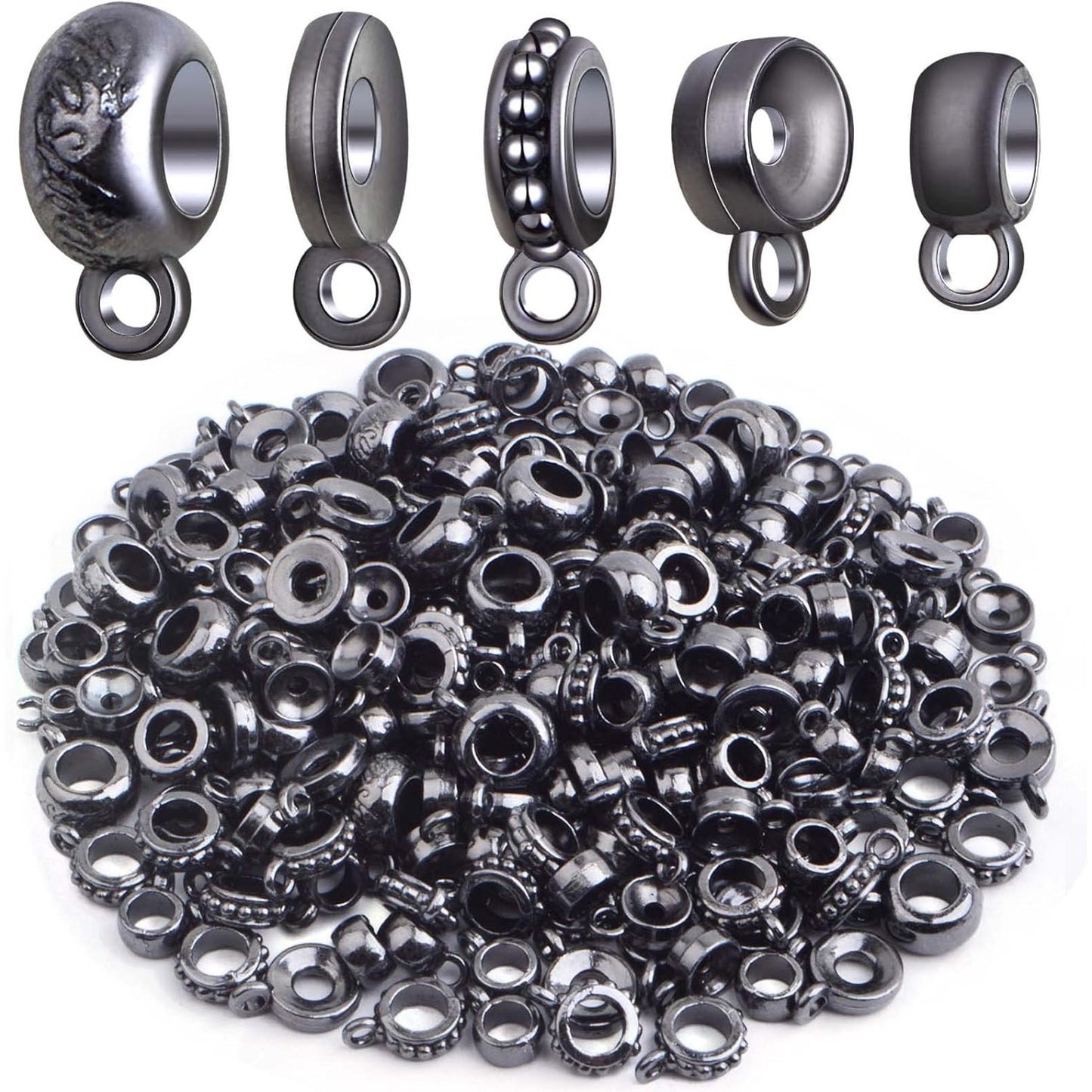 100 Gram Gun Black Bail Tube Beads Alloy Bail Beads Connectors Tibetan Tube Spacer Bead Hanger Links for DIY European Bracelet Charm Jewelry Crafts Making, 5 Styles
