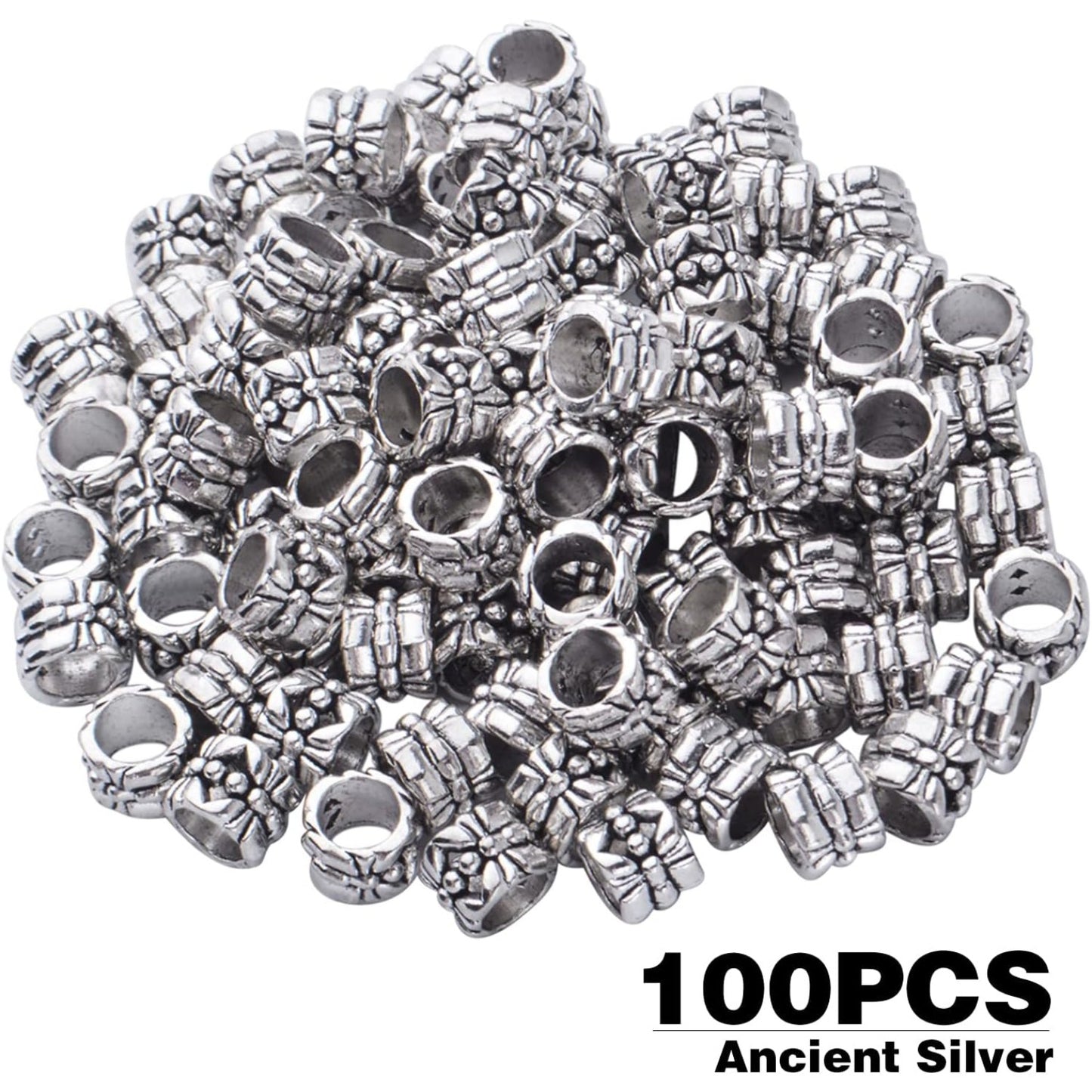 100pcs Large Hole Antique Silver Flower Bead Spacers Alloy Tube Beads for DIY Necklace Bracelet Jewelry Craft Making Accessory
