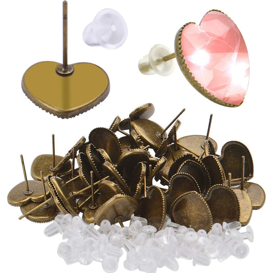 Earring Cabochon Settings, 40 Pieces Cabochon Stud Earrings Blank Heart Shape Earring Bezel Tray with 40 Pieces Earring Safety Backs for Jewelry Making,Bronze