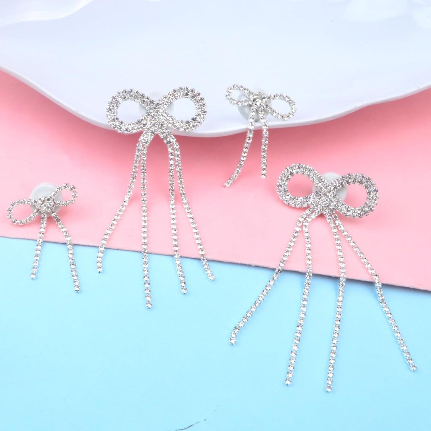 2 Pairs of Bow Rhinestone Dangle Earrings Silver Bowtie Tassels Ribbon Diamond Chain Drop Earring Studs Dangling for Women Bridal DIY Earrings Findings Wedding Prom Gift