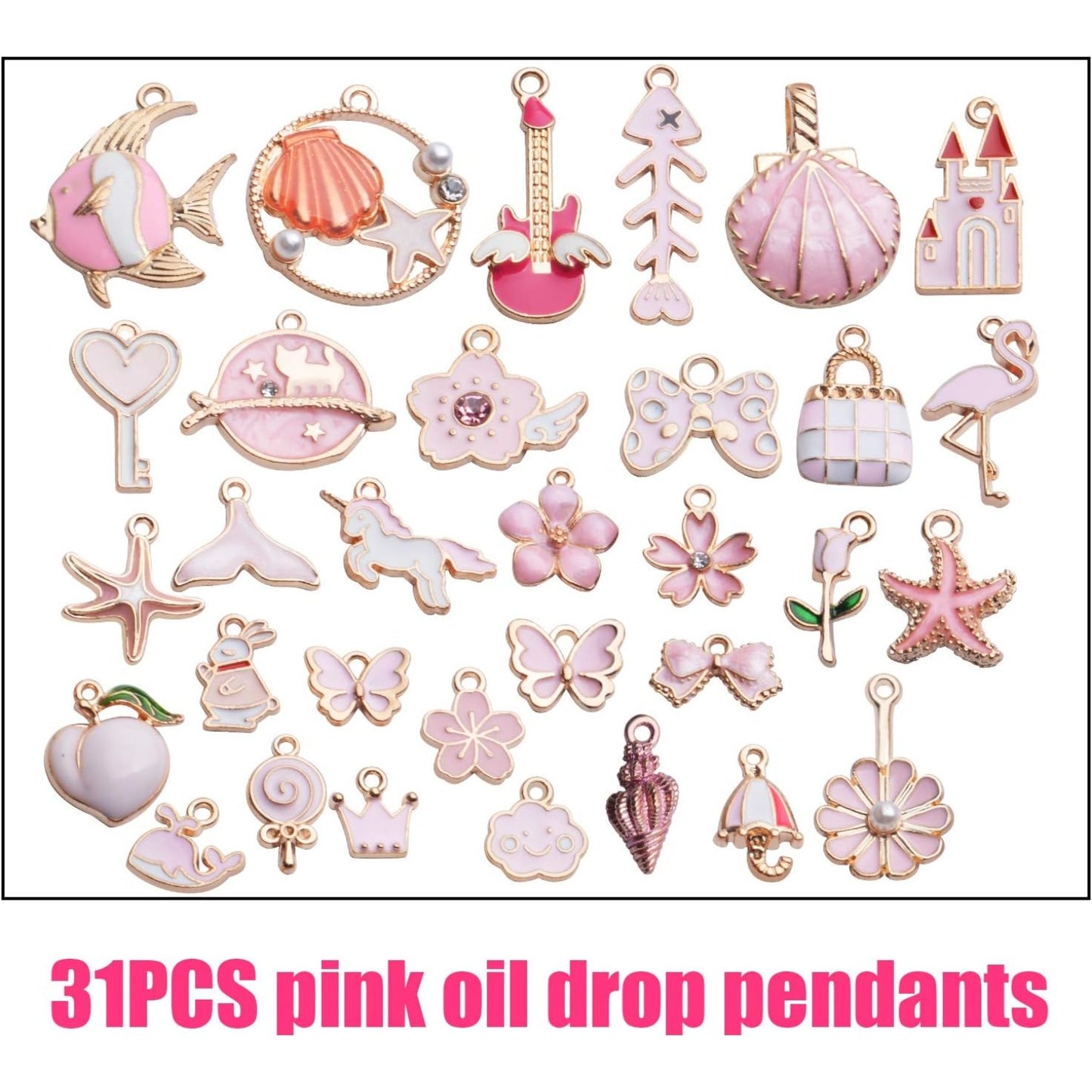 Enamel Charms,31pcs Pink Enamel Charms Flower Starfish Butterfly Cat Conch Jewelry Finding for DIY Necklace Bracelet Keychain