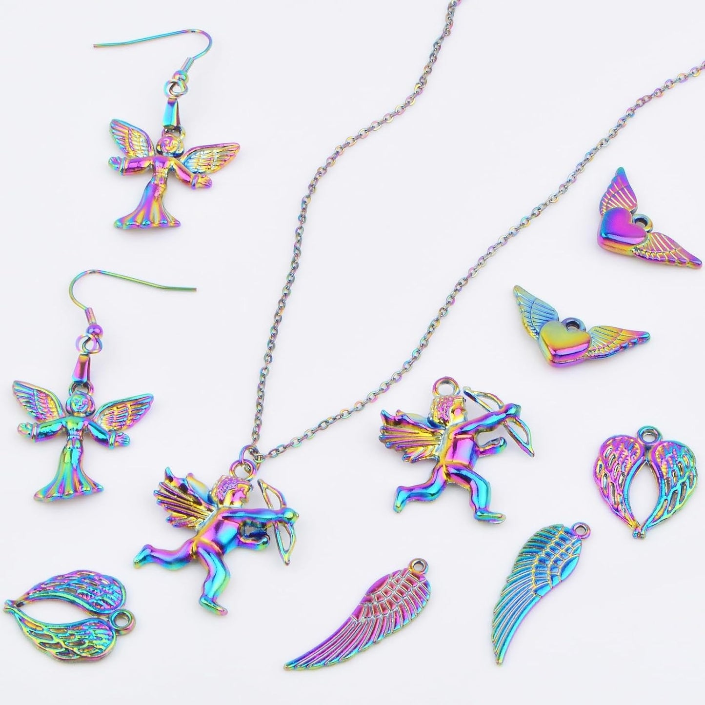10pcs 5 Styles Angel Theme Charms Alloy Angel Wings Pendants, 2pcs French Earring Hooks and 1pcs Pendant Necklace for DIY Dangle Earrings Jewelry Making Supplies, Rainbow Color