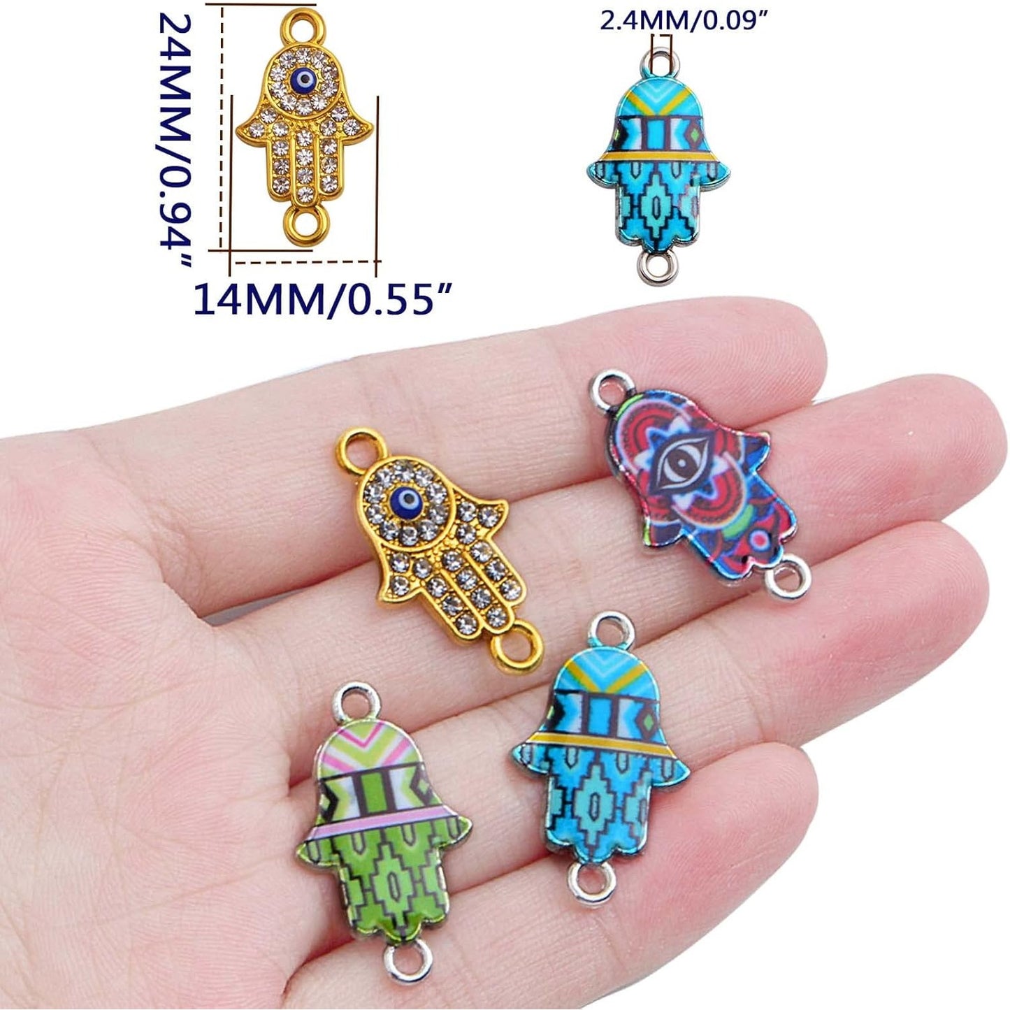 30pcs Mixed Alloy Rhinestone Hamsa Hand of Fatima Charms Colorful Evil Eye Hamsa Hand Frame Pedants Connectors for DIY Art Craft Jewelry Making Christmas Gifts, 2 Styles