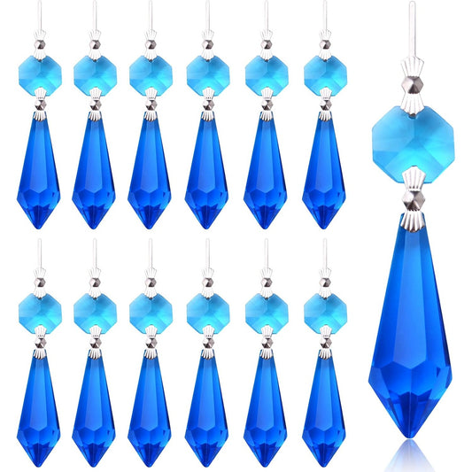 20pcs Crystals Prisms Glass Tip Beads Replacements Chandelier Icicle Drops Hanging Pendants Octagon Crystal Beads for Lamp Decoration Wedding Christmas Ornament (Light Blue, 37.5 mm)