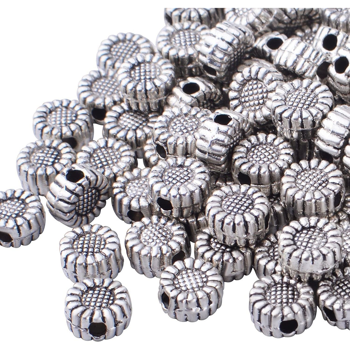 100pcs Antique Silver Sunflower Spacers Beads Tibetan Alloy Flower Bead Spacer Charm Beads Loose Bead Spacers for DIY Bracelet Necklace Jewelry Crafts Making Accessories