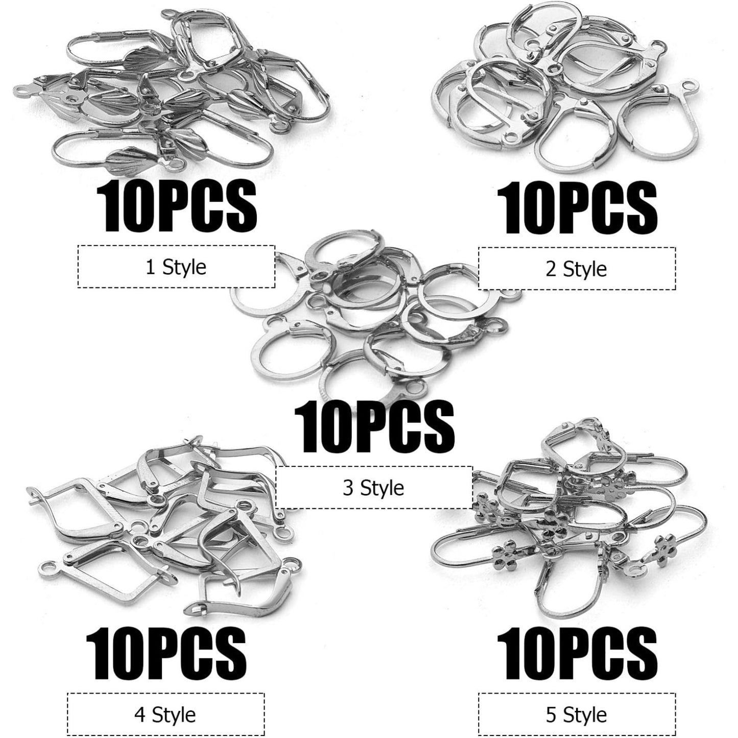 50pcs Silver Hypoallergenic French Earring Hooks Brass Lever Back Earring French Hook Ear Wire with Open Loop for Earring Designs Jewelry Making Supplies, 5 Styles