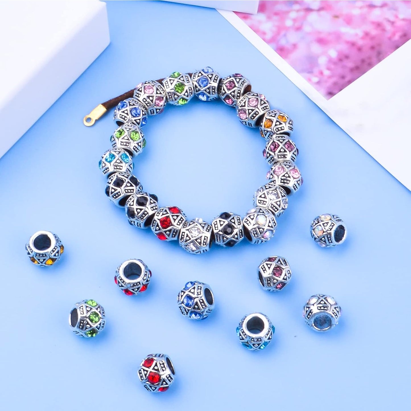 Rhinestone European Beads, 30pcs 10 Colors Large Hole Crystal Spacer Beads Loose Rondelle Charm Beads Crafts Supplies for DIY Snake Chain Bracelet Jewelry Making, 11 x 9 mm, Hole: 5 mm