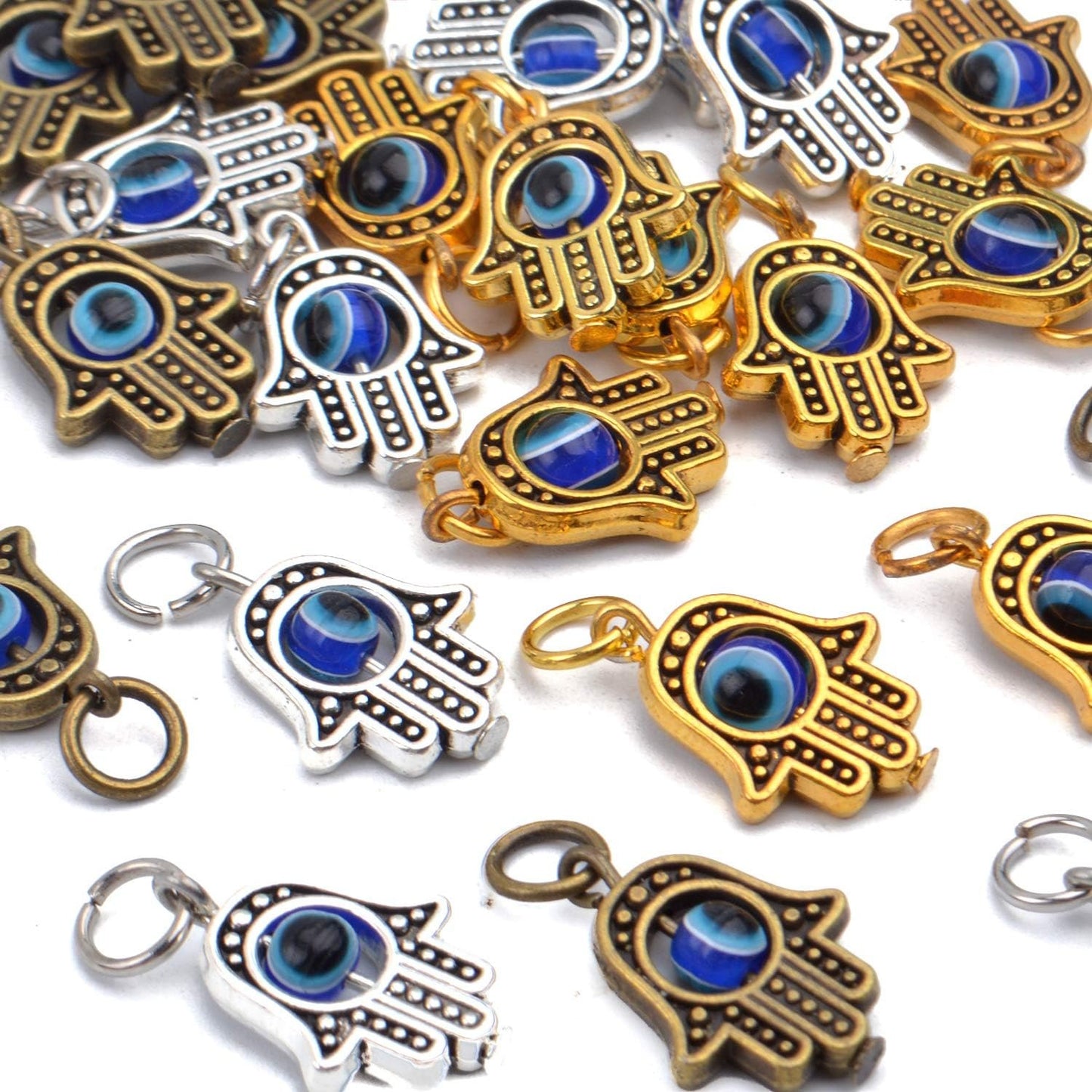 Hamsa Hand Beads Frame Charms,30 Pieces of Hamsa Evil Eye Pendant Hand of Fatima Symbol Charms Jewelry Making Findings for DIY Necklace Bracelet(Gold & Silver & Bronze)