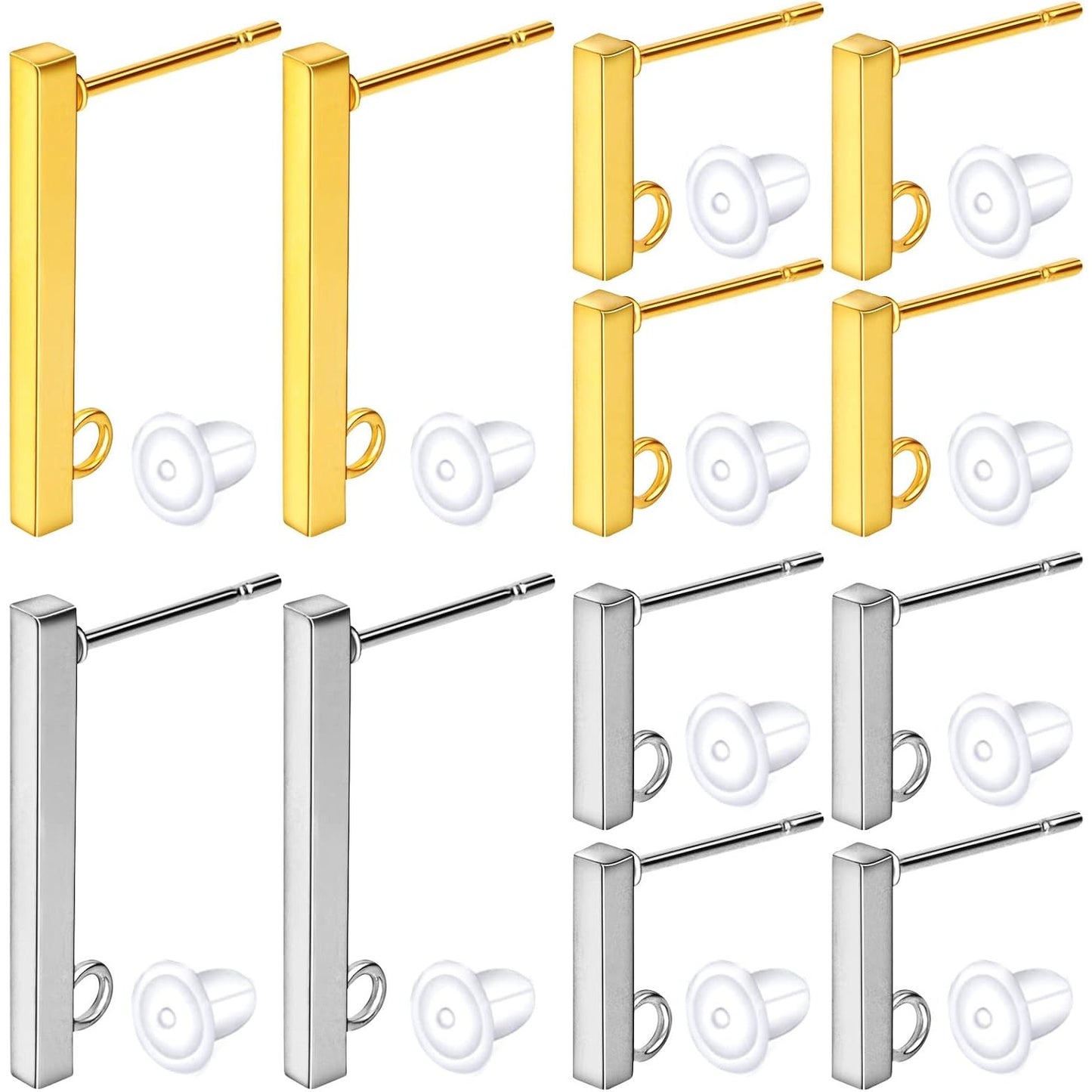40pcs Stainless Steel Rectangle Earring Studs Hypoallergenic Bar Line Stick Earrings with Loop and 40pcs Clear Silicone Earring Backs for DIY Jewelry Making, 2 Sizes