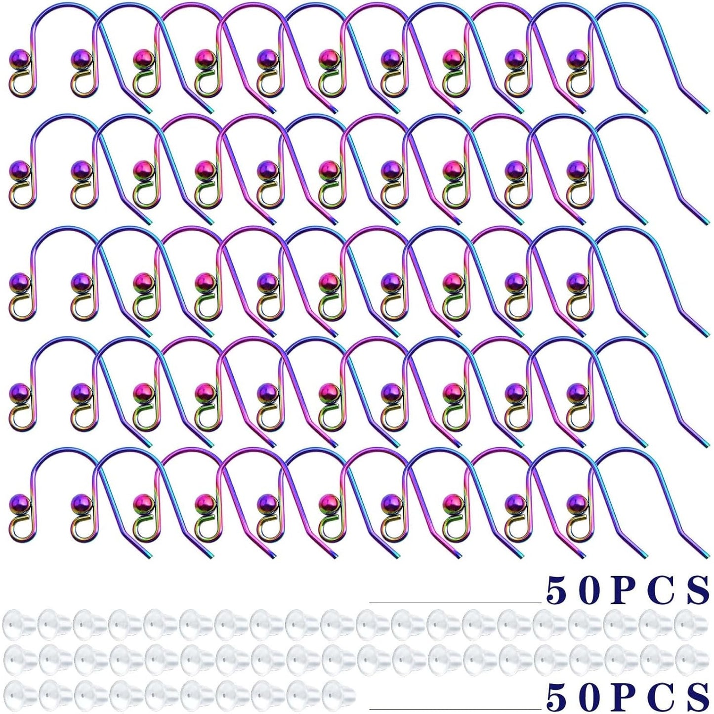 50pcs Rainbow Color Stainless Steel Earring Hooks Hypo-allergenic Ear Wires Fish Hooks with 50pcs Clear Bullet Earring Backs for DIY Dangle Earrings Jewelry Making