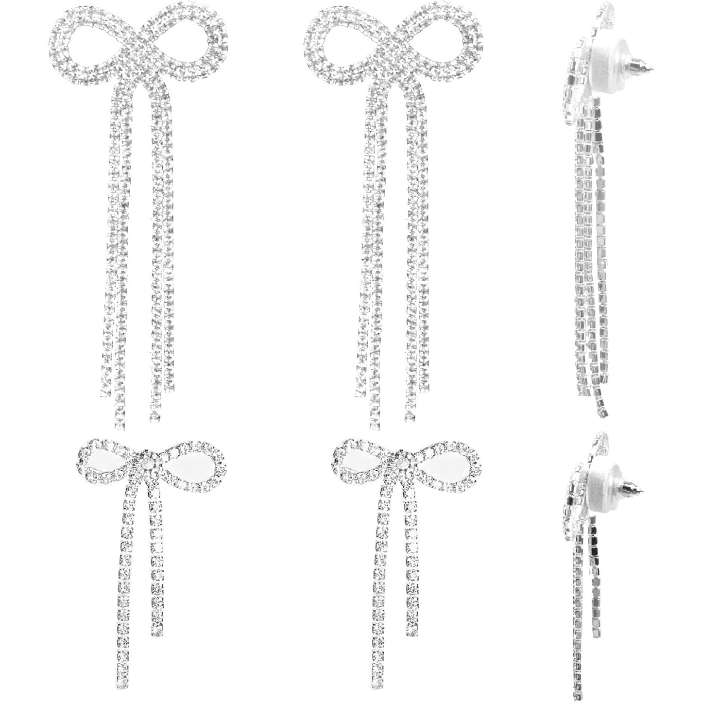 2 Pairs of Bow Rhinestone Dangle Earrings Silver Bowtie Tassels Ribbon Diamond Chain Drop Earring Studs Dangling for Women Bridal DIY Earrings Findings Wedding Prom Gift