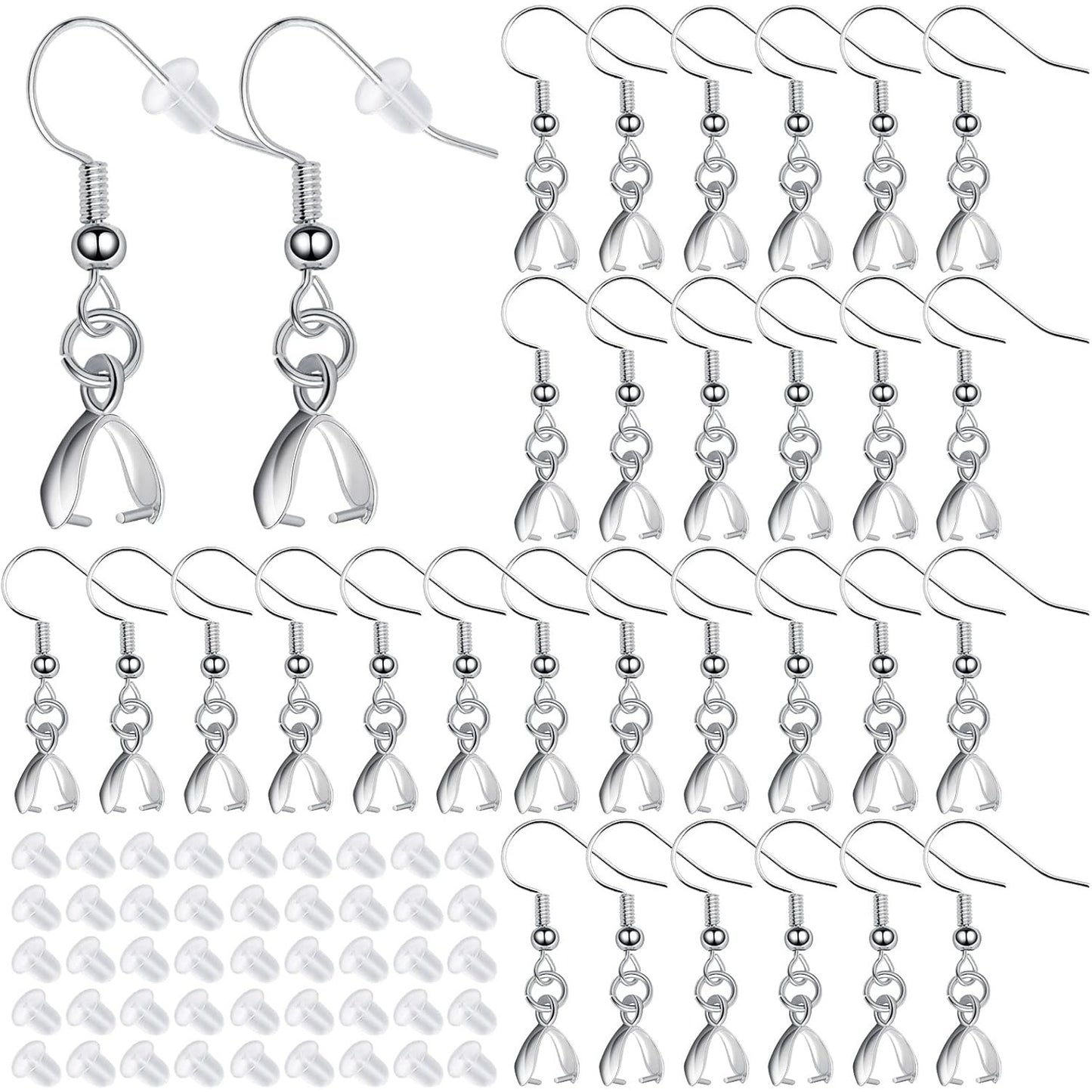 50pcs Brass Earring Fish Hooks Hypoallergenic French Earwire Hooks with Pinch Bail Clasps and 50pcs Clear Earring Backs Stoppers for DIY Earrings Making Supplies, Silver