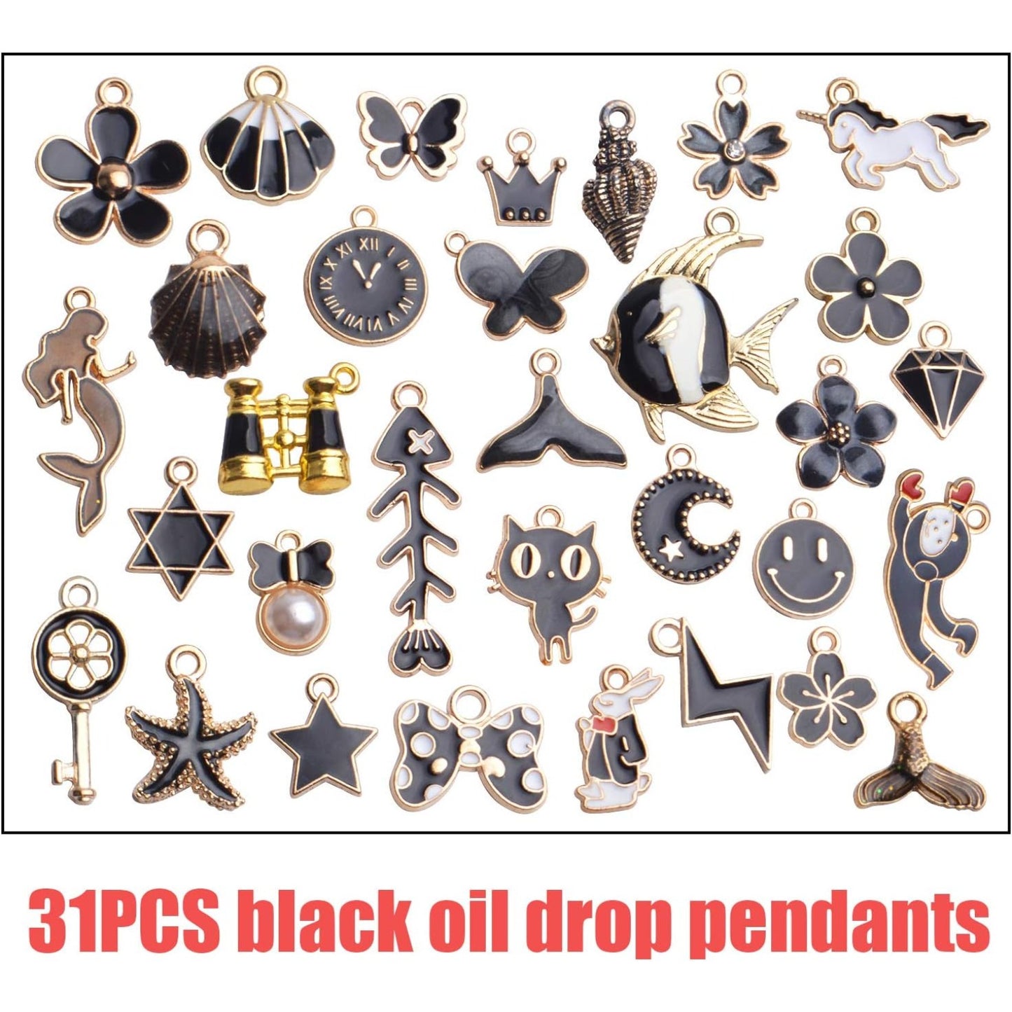 Black Enamel Charms,31pcs Gold Plated Enamel Charms Mixed Flower Star Cat Fish Pendants Jewelry Making Accessories for Necklace Bracelet Earrings