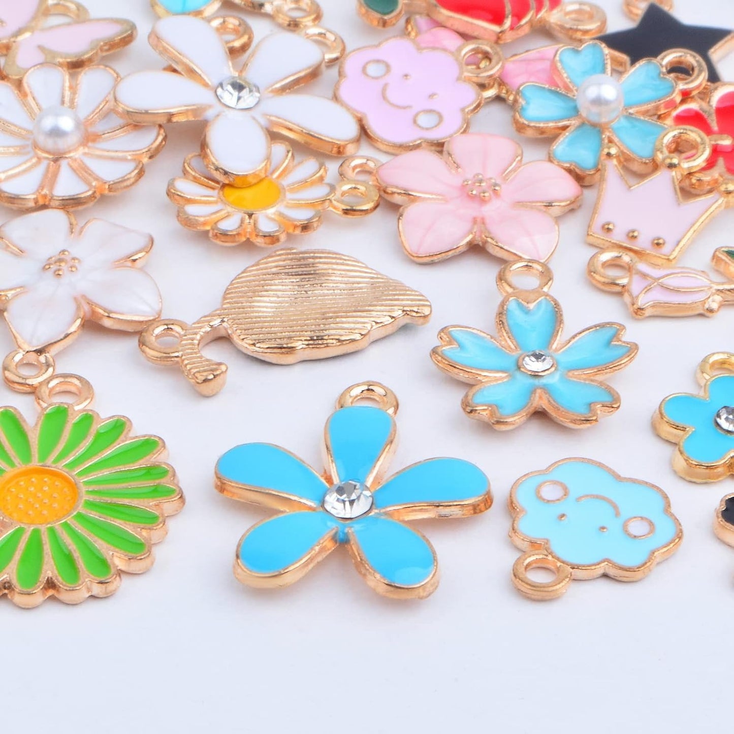 37pcs Golden Plated Colorful Enamel Spring Themed Charms Alloy Mixed Butterfly Rose Daisy Flower Charm Pendants for DIY Bracelet Necklace Jewelry Making Supplies, 37 Styles