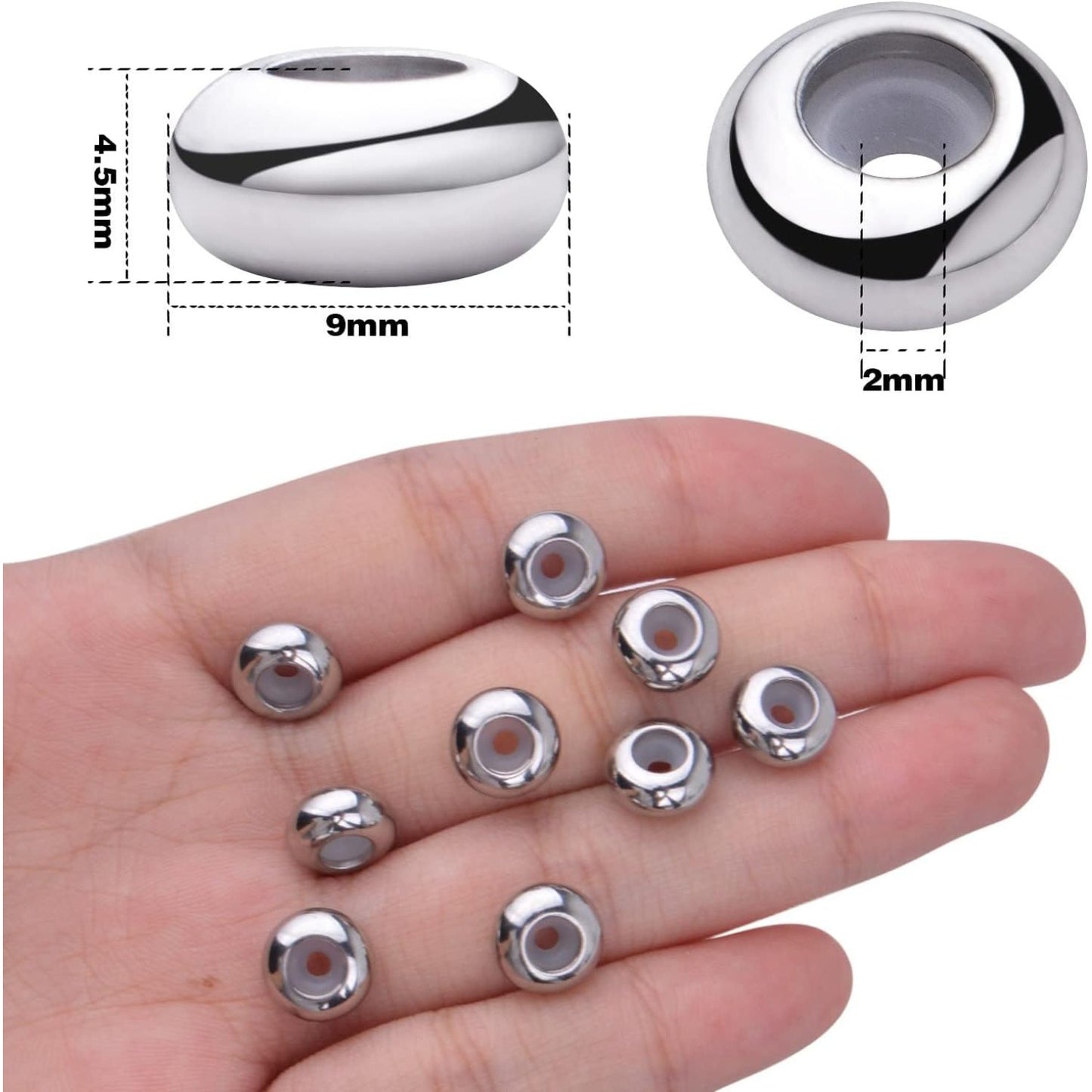 30pcs Stainless Steel Rondelle Stopper Beads with Rubber Inside Metal Loose Beads 2mm Hole Positioning Spacer Beads for DIY Jewelry Making Accessories